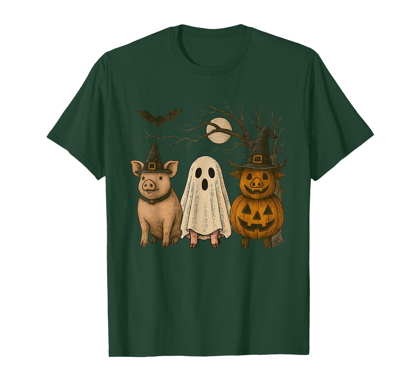 Three Halloween Pigs Cosplay Witch Boo Carved Pumpkin T-Shirt