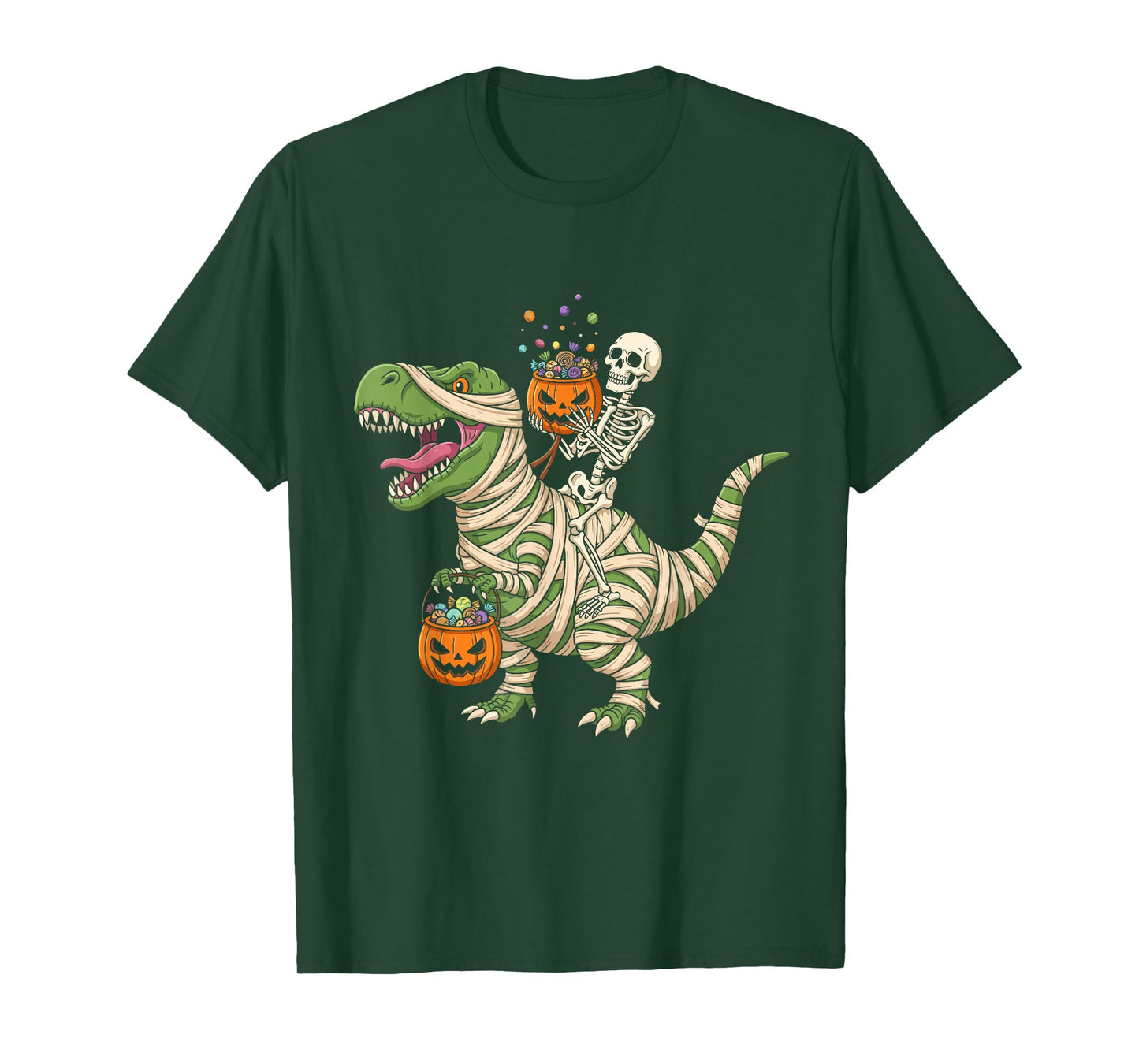 Skeleton Riding Mummy Dinosaur T-Rex Funny Halloween Pumpkin T-Shirt