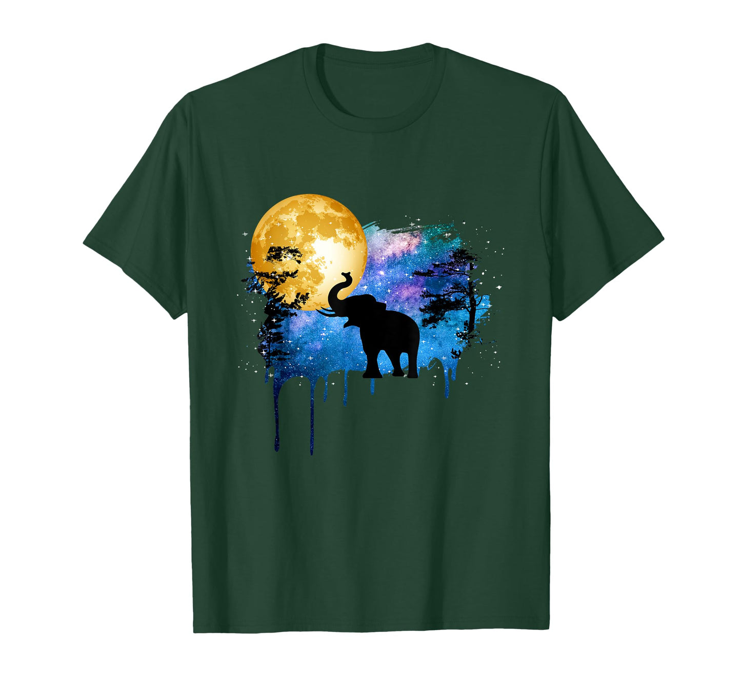 Elephant Full Moon Galaxy Star Night Nature Graphic Art T-Shirt