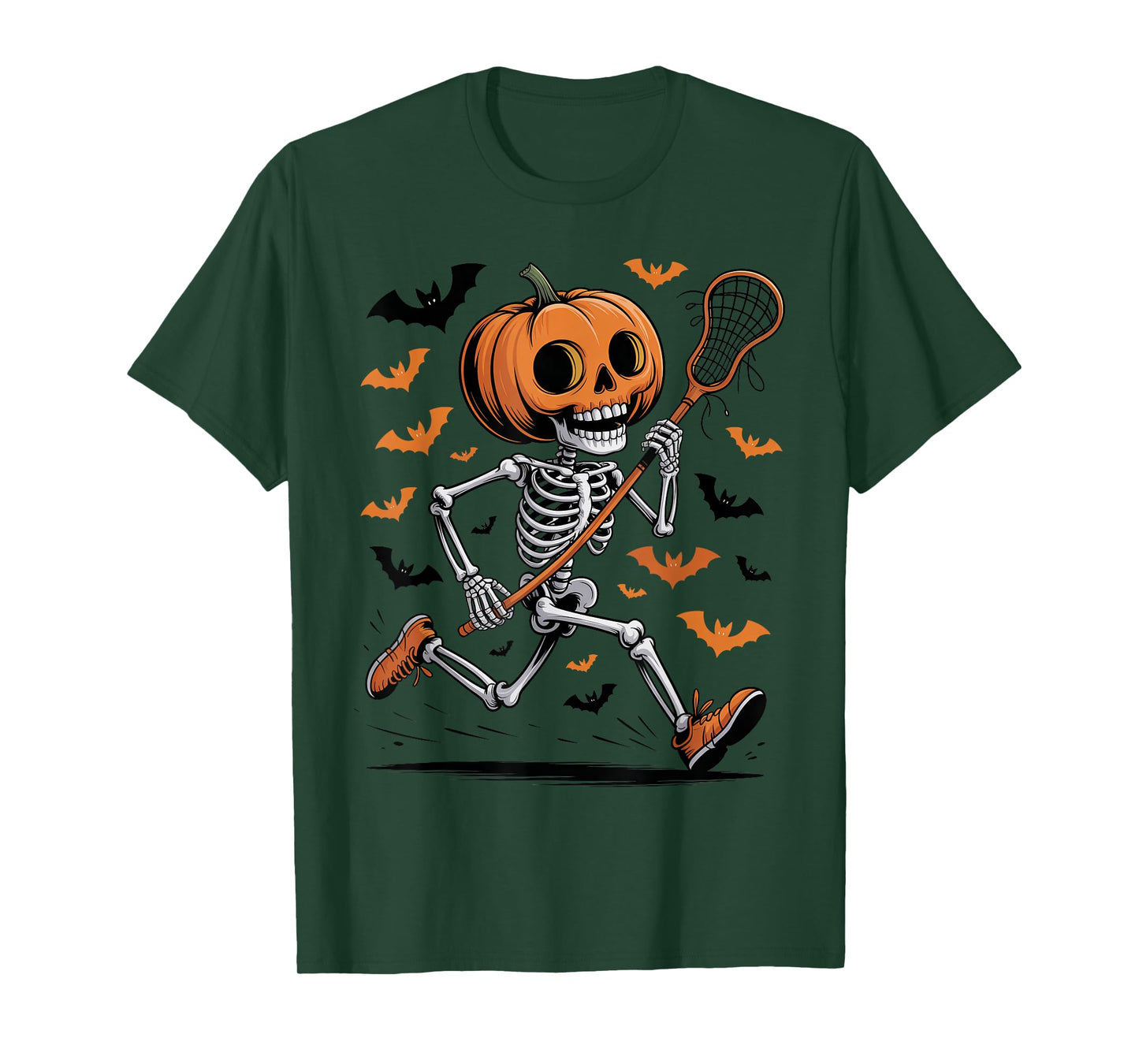 Funny Creepy Pumpkin Skeleton Playing Lacrosse Halloween T-Shirt