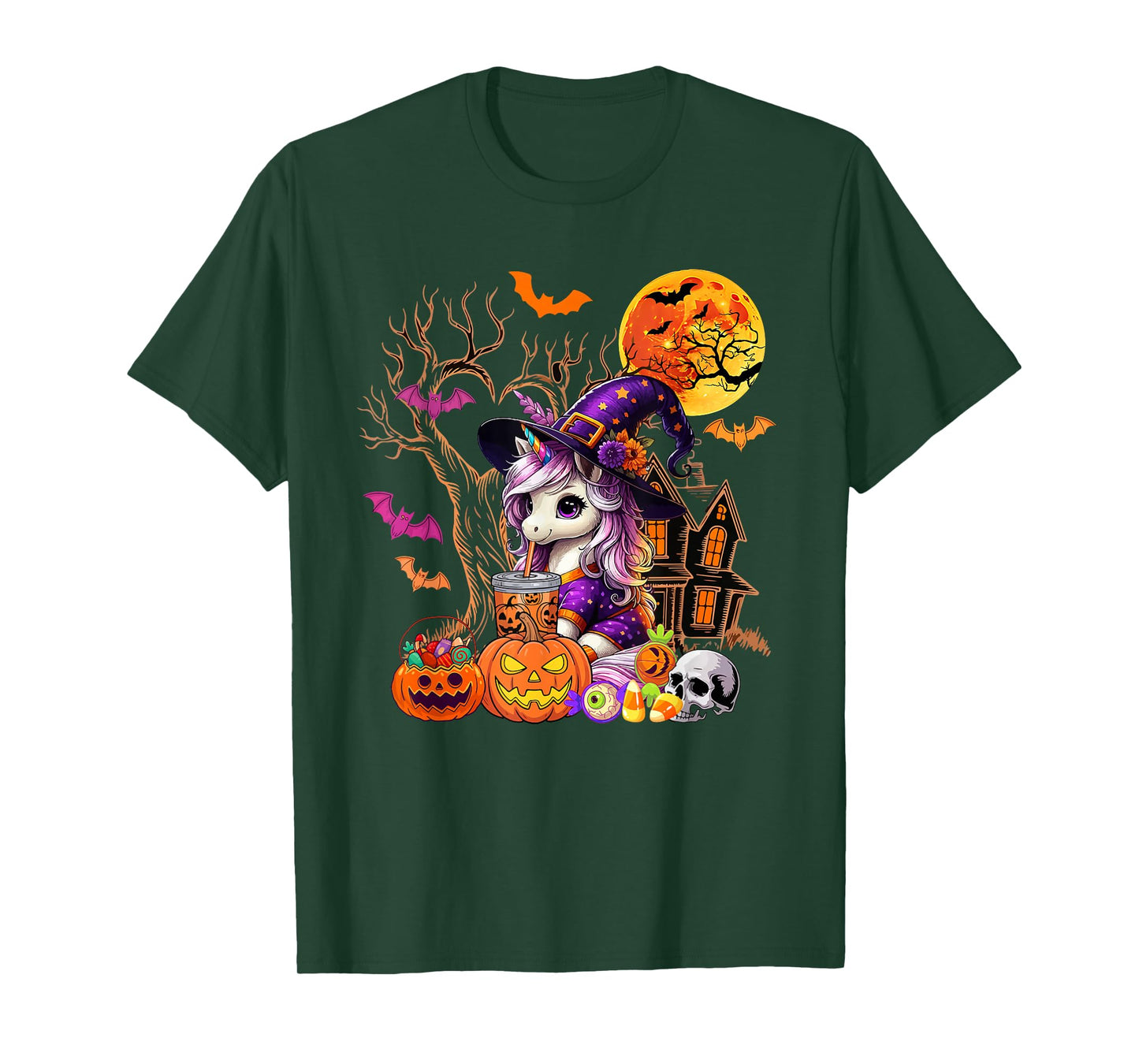 Unicorn As Witch Drinking Coffee Halloween Carved Pumpkin T-Shirt