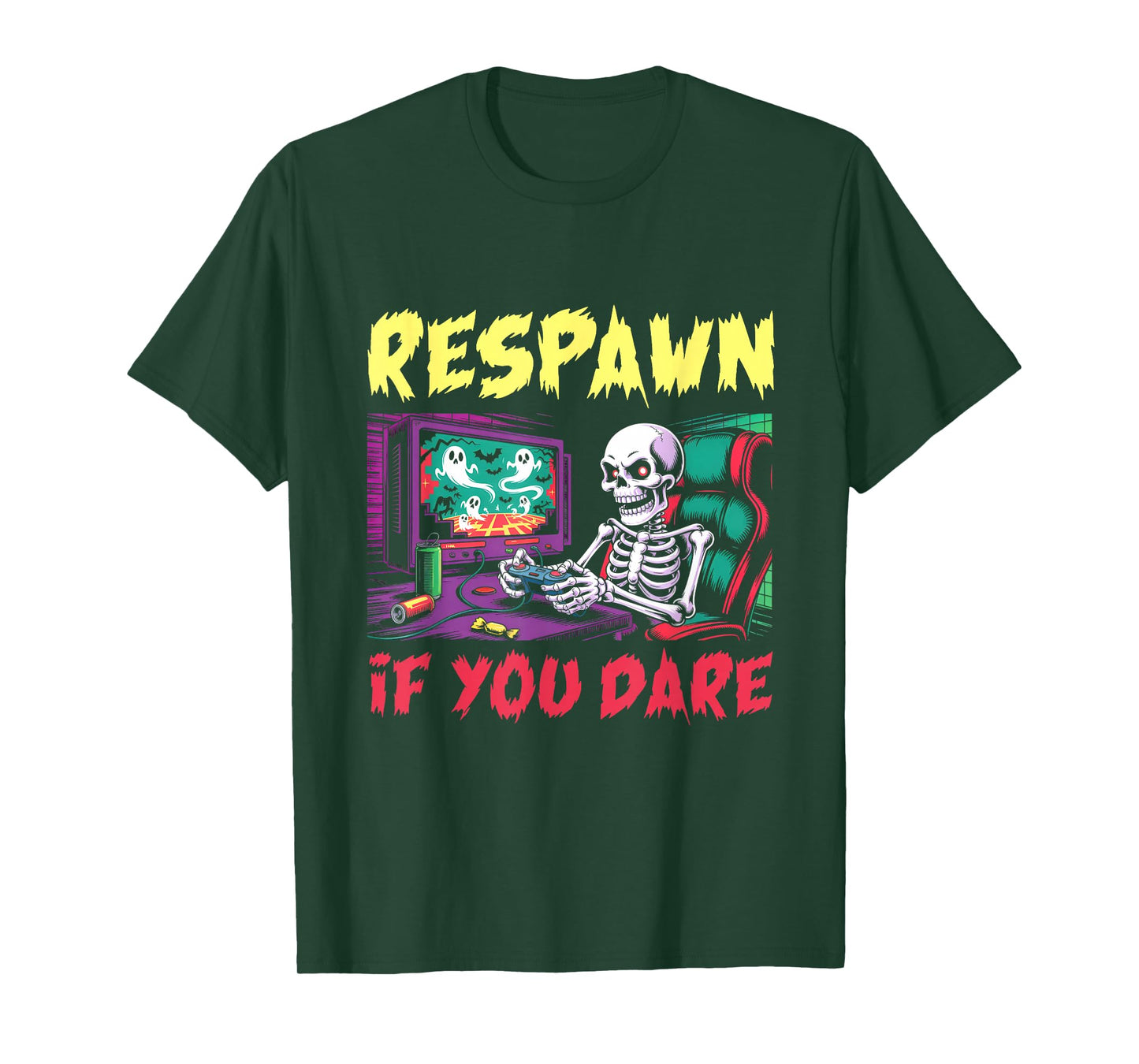 Respawn If You Dare Skeleton Gamer Funny Halloween Gaming T-Shirt