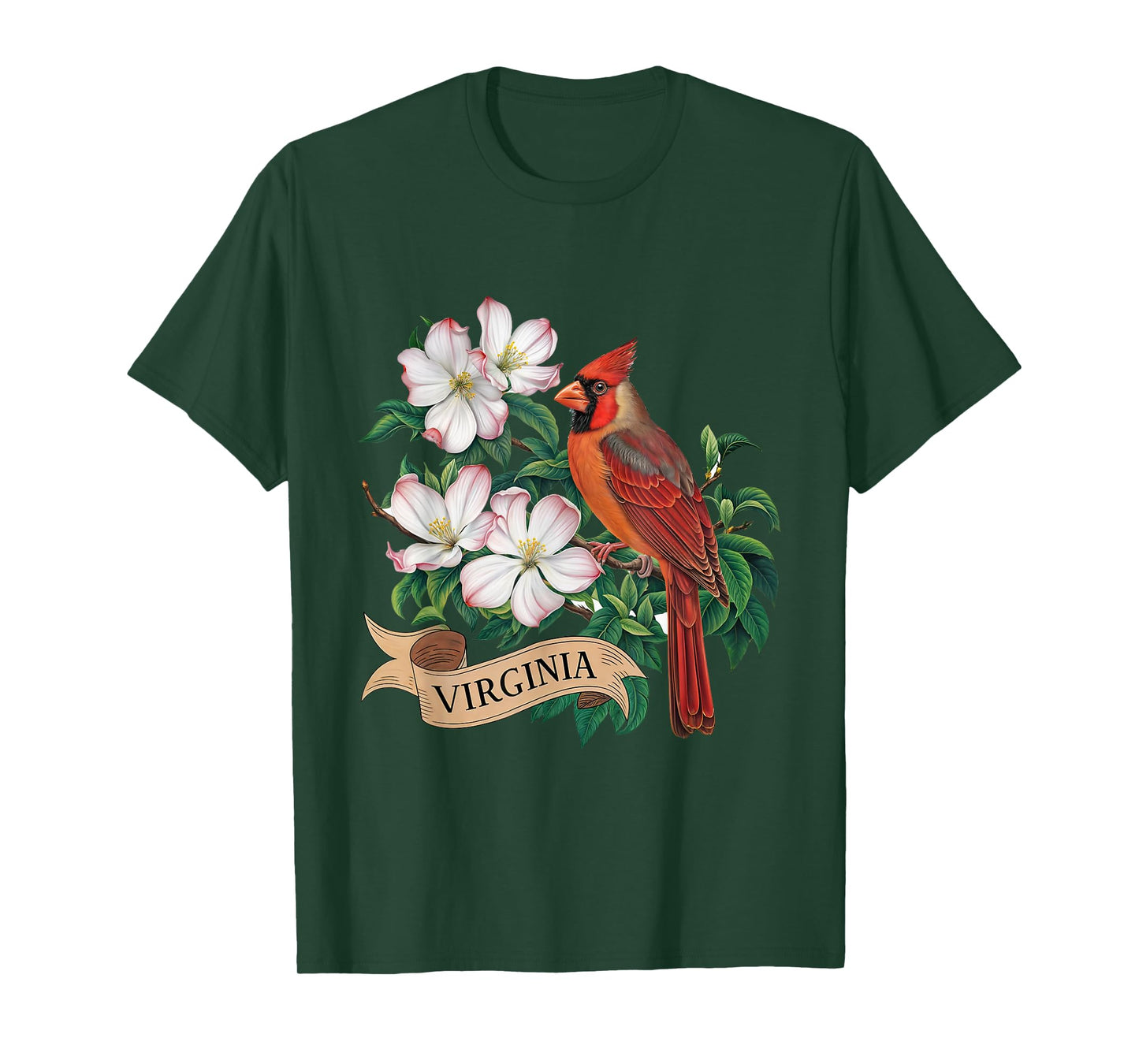 Virginia Cardinal Bird and Flowering Dogwood Flower T-Shirt