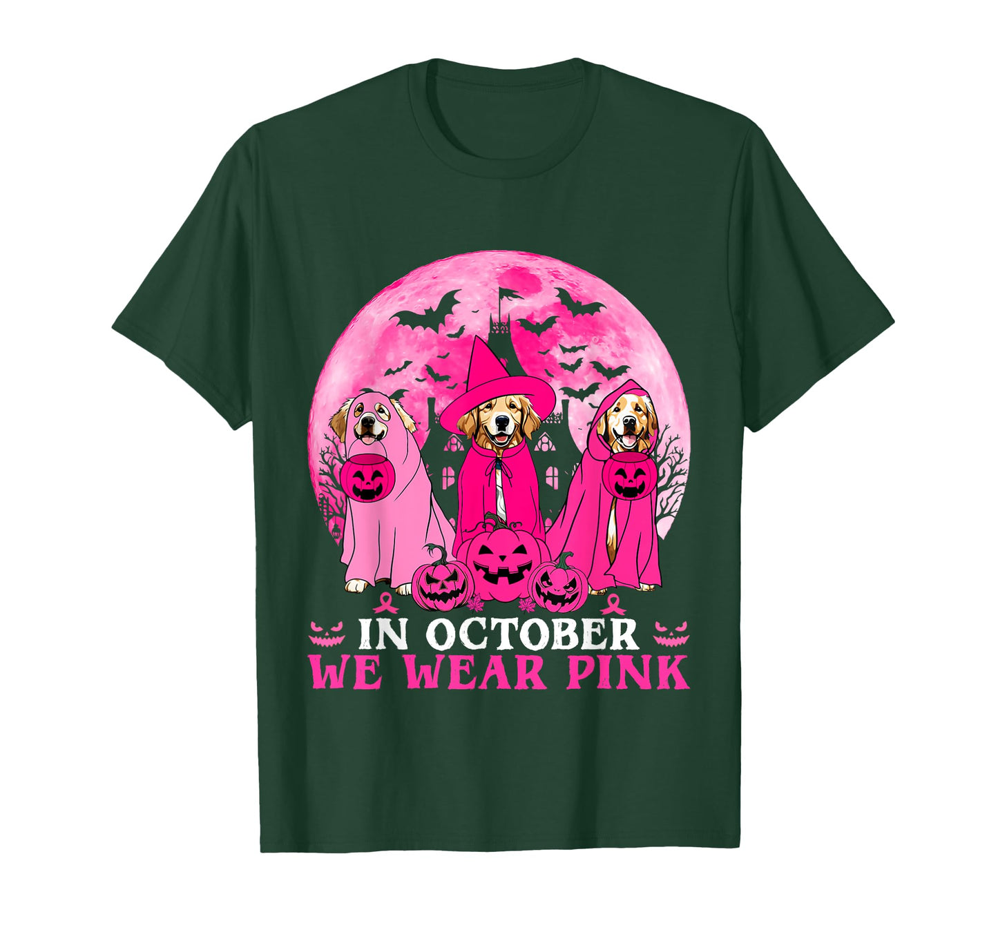 Ghost And Witch Golden Retriever In October We Wear Pink T-Shirt