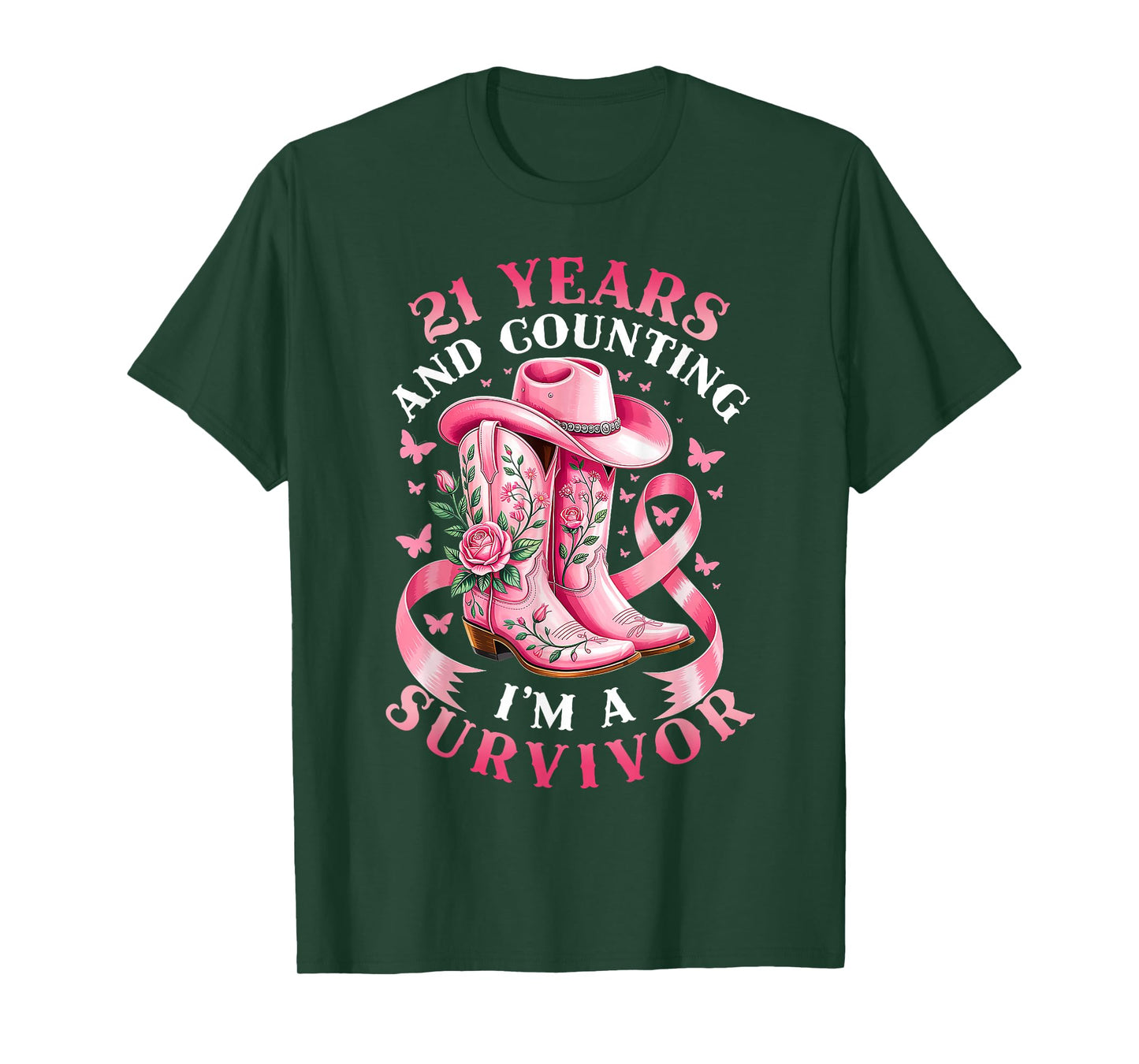 Breast Cancer 21 Years Survivor Pink Ribbon Cowgirl Gift T-Shirt