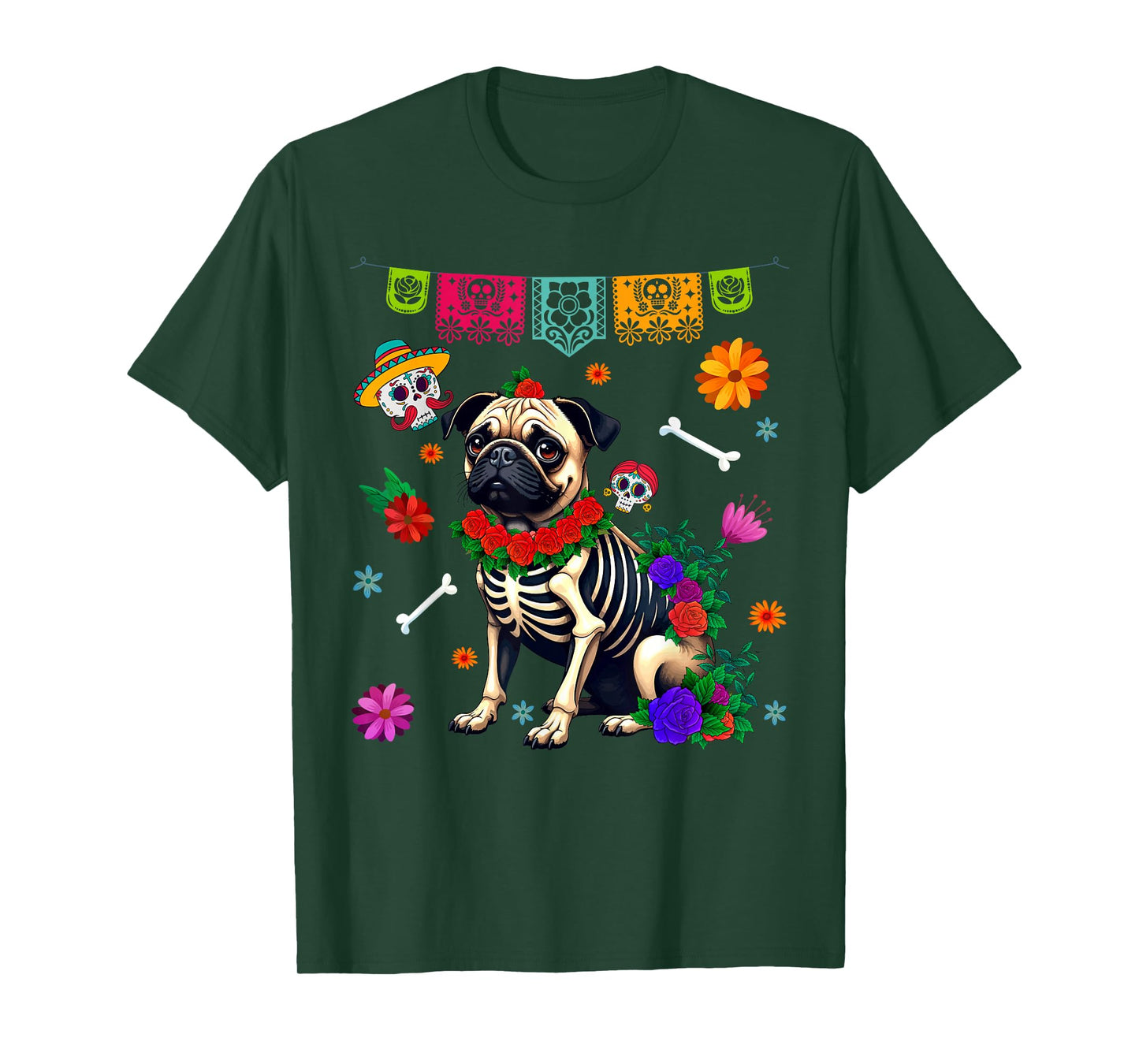 Funny Sugar Skull Pug Dog Flowers Dia de Muertos Halloween T-Shirt for Men Women