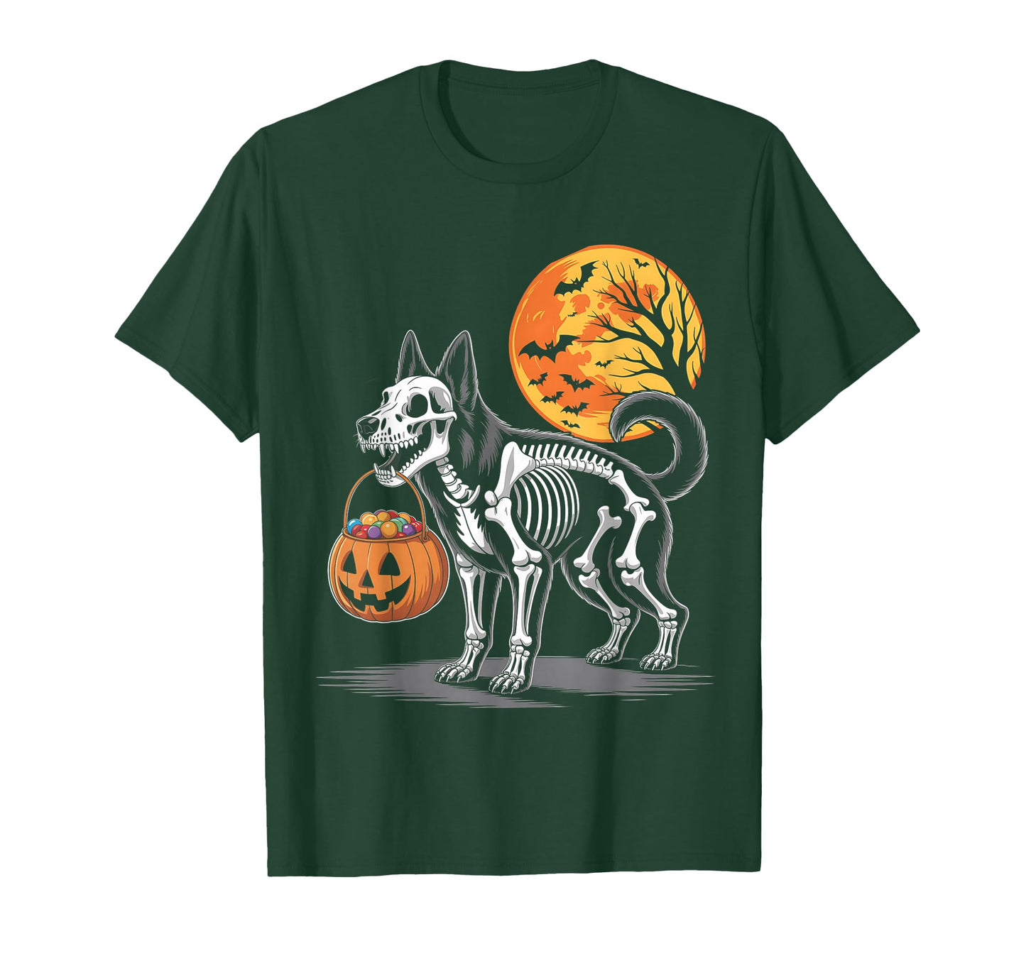 German Shepherd Dog Skeleton Scary Pumpkin Moon Halloween T-Shirt