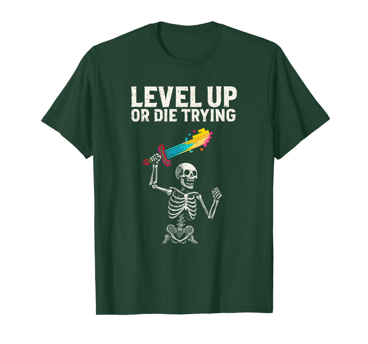 Motivation Gamer Skeleton Holding A Colorful Pixelated Sword T-Shirt