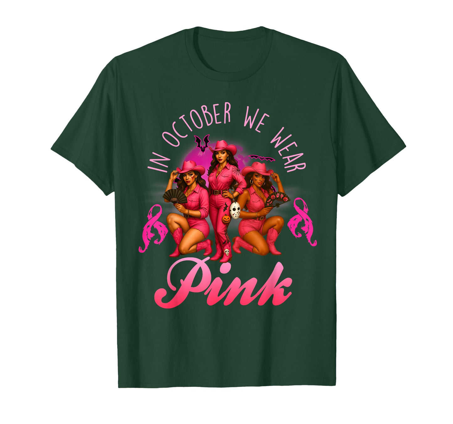 in October We Wear Pink Breast Cancer Halloween Cowgirl T-Shirt
