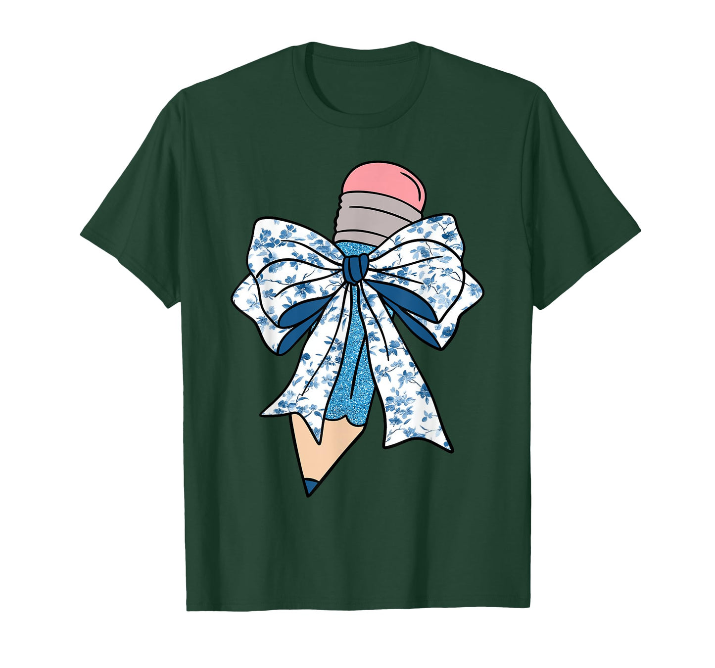 Pencil Teacher Coquette Toile Blue Bow Floral Pattern T-Shirt
