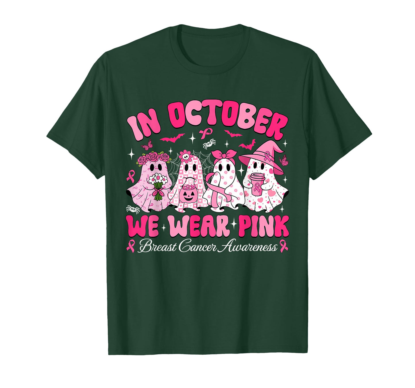 in October We Wear Pink Ghost Witch Breast Cancer Awareness T-Shirt