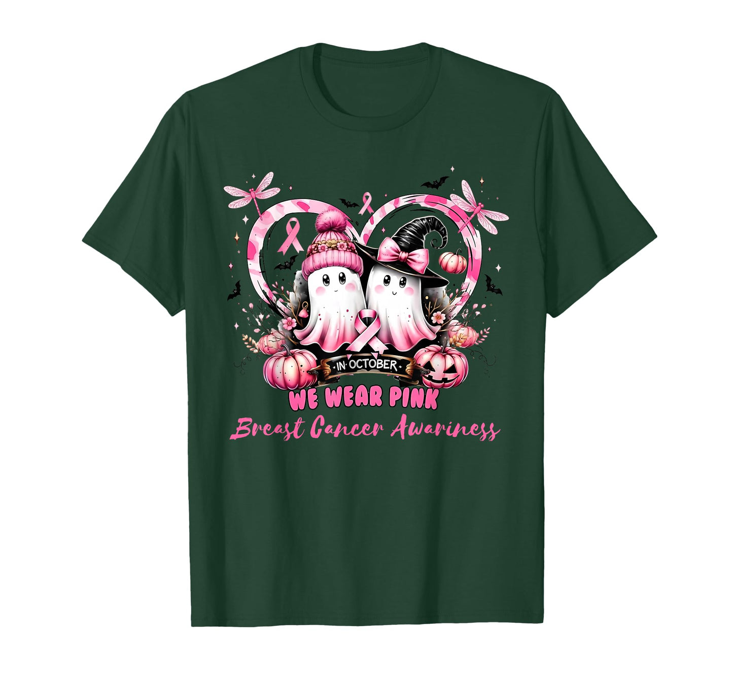 in October We Wear Pink Breast Cancer Heart Dragonflies T-Shirt