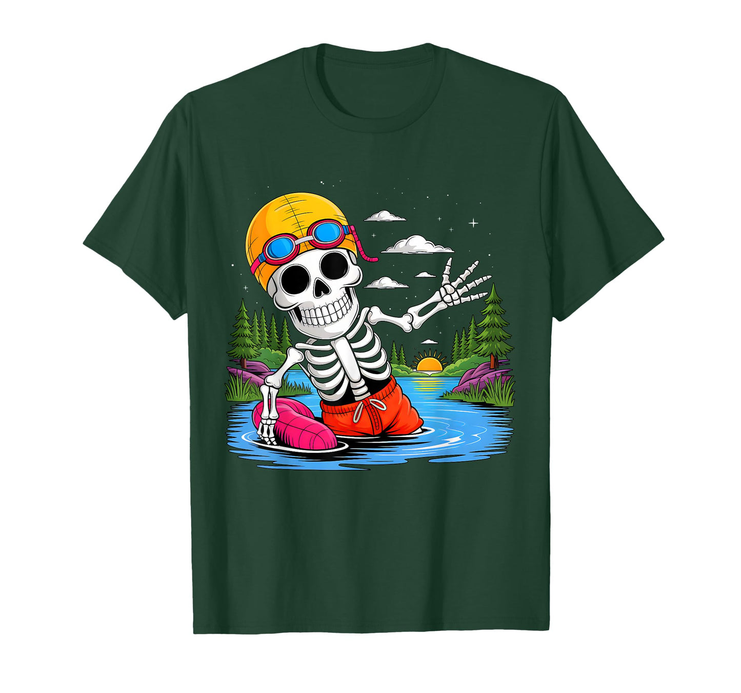 Skeleton Swimming Halloween Costume Funny Swimming Boys Kids T-Shirt