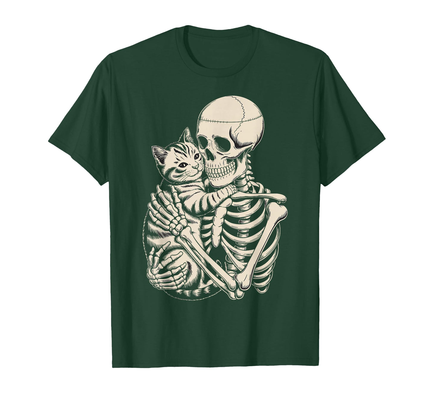 Skeleton Hugging Cat Funny Halloween Cat Lover T-Shirt