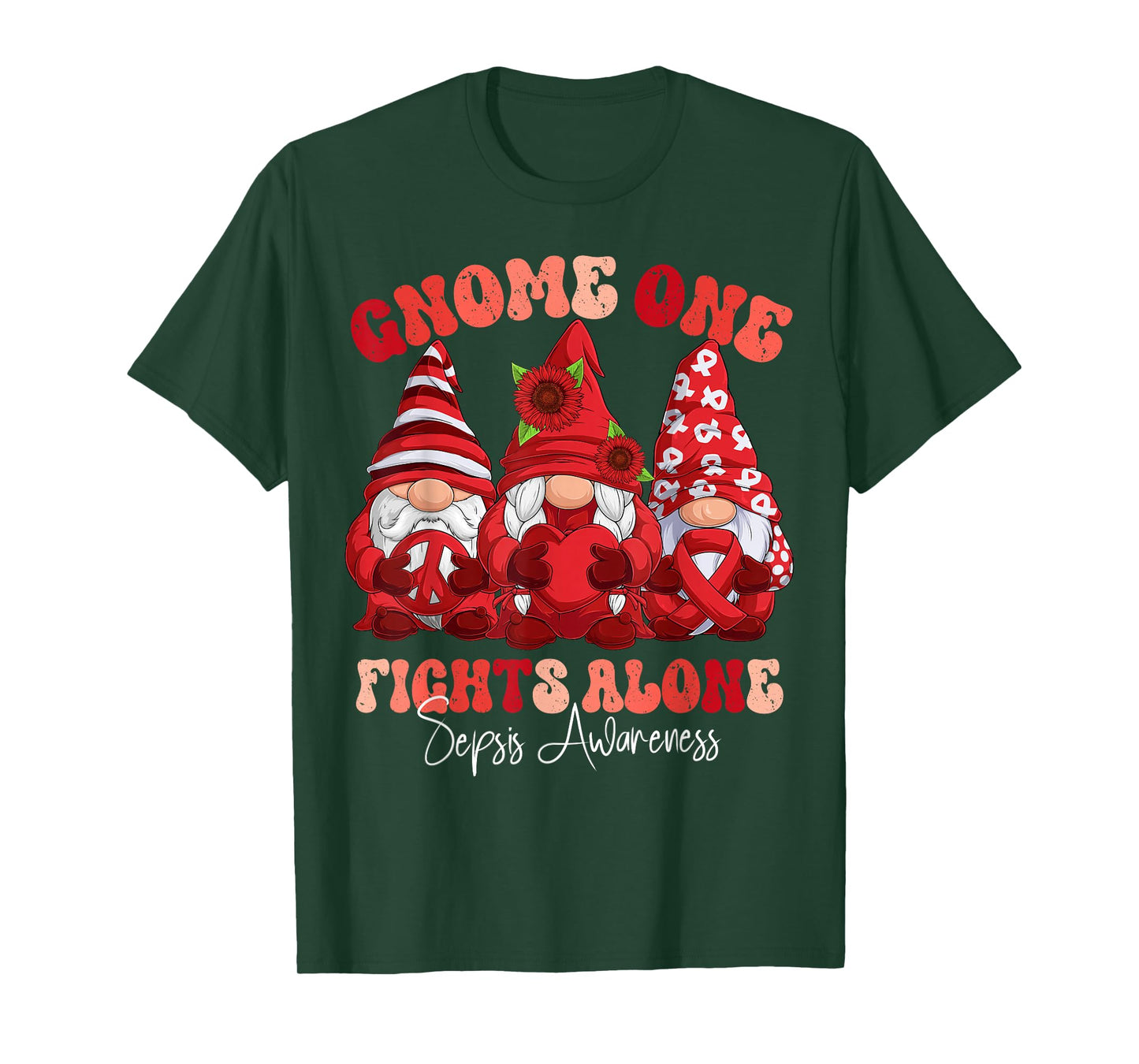 Sepsis Awareness Month Red Ribbon Gnomies T-Shirt