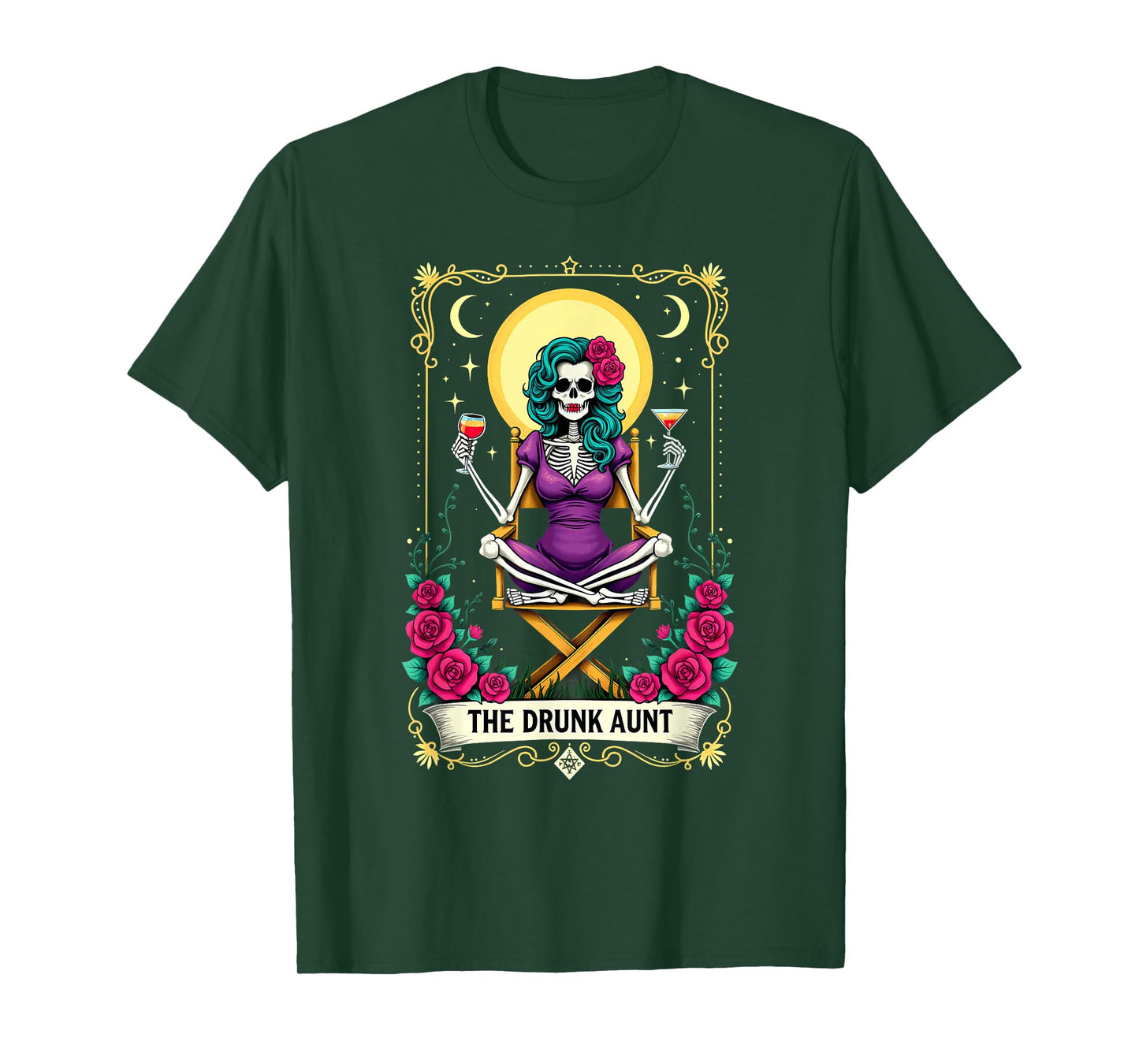 Gothic Tarot Card The Drunk Aunt Skeleton Halloween T-Shirt