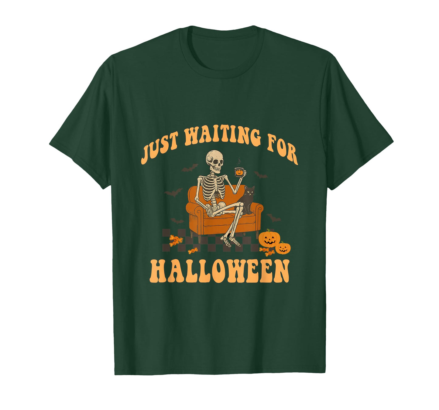 Just Waiting for Halloween Funny Skeleton Coffee Black Cat T-Shirt