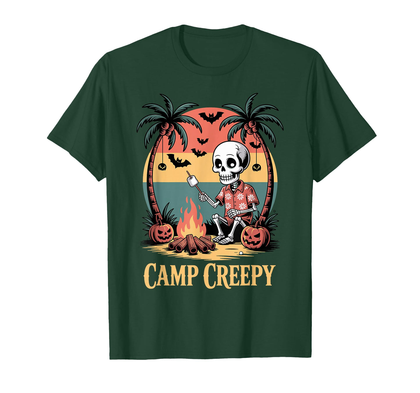 Camp Creepy, Fun Retro Skeleton with Spooky Palm Trees T-Shirt