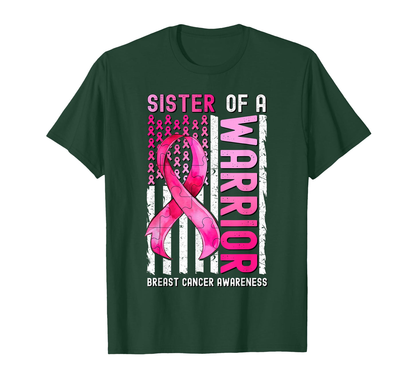 Sister Of A Warrior Breast Cancer USA Flag Awareness Pink Women Kids Men T-Shirt