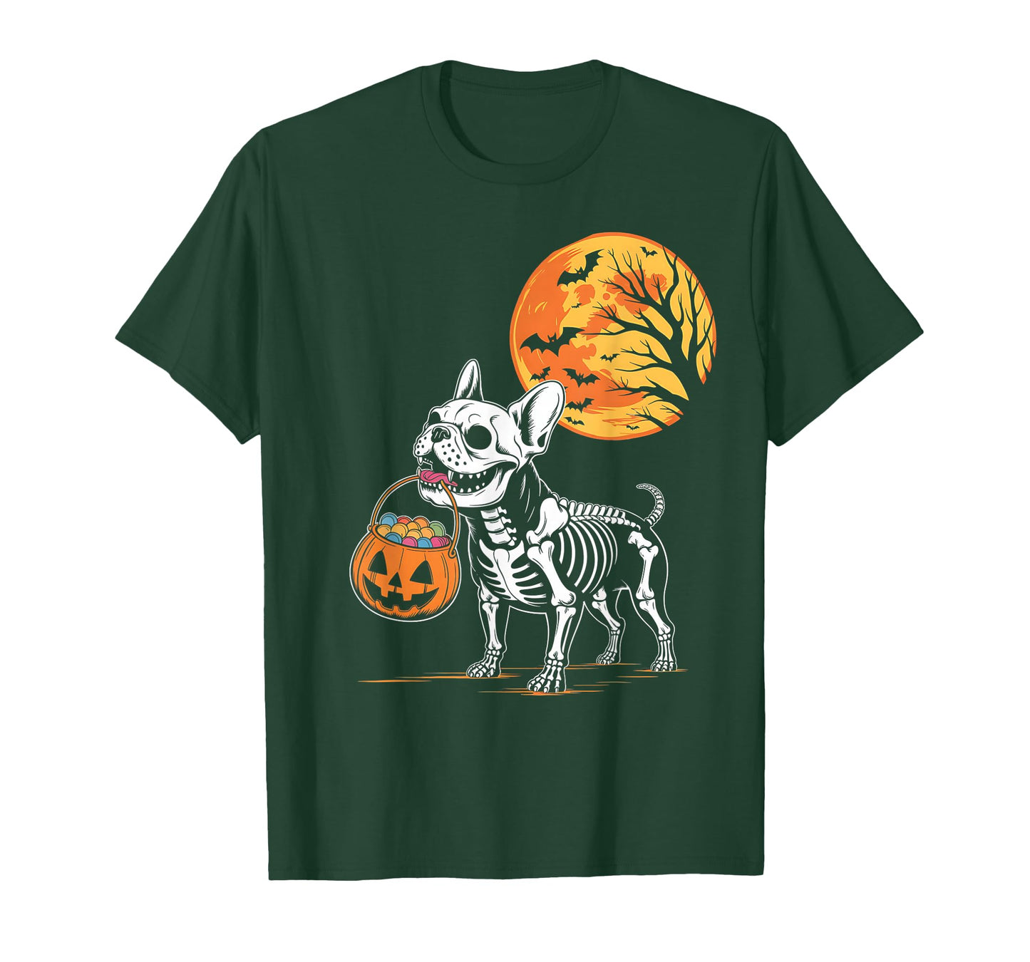 Funny French Bulldog Skeleton Scary Pumpkin Moon Halloween T-Shirt