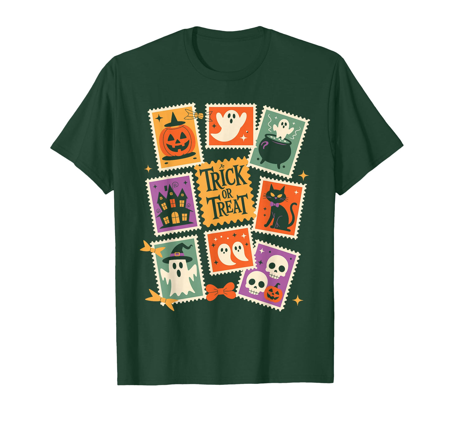 Halloween Stamps Spooky Pumpkin Ghost Cat Witch Skeleton T-Shirt