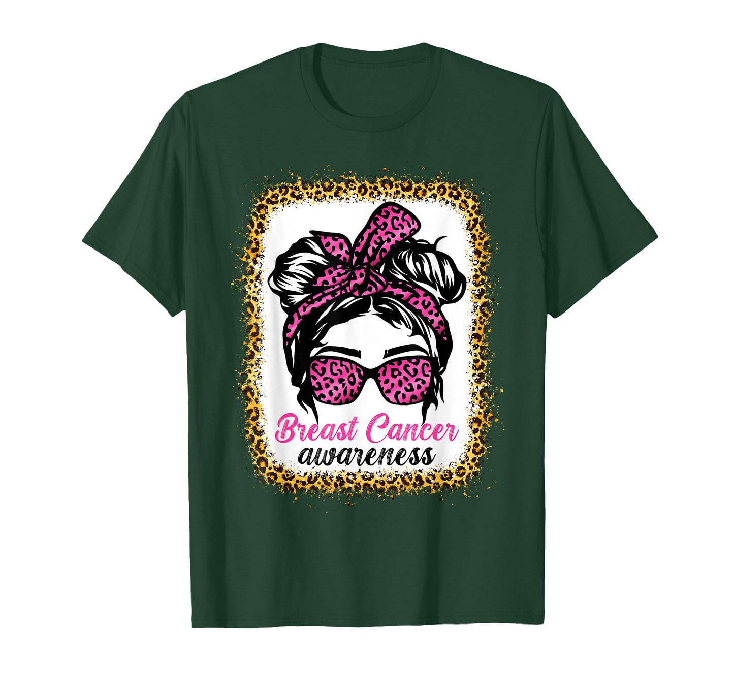 Messy Bun Wear Pink Breast Cancer Awareness Leopard T-Shirt
