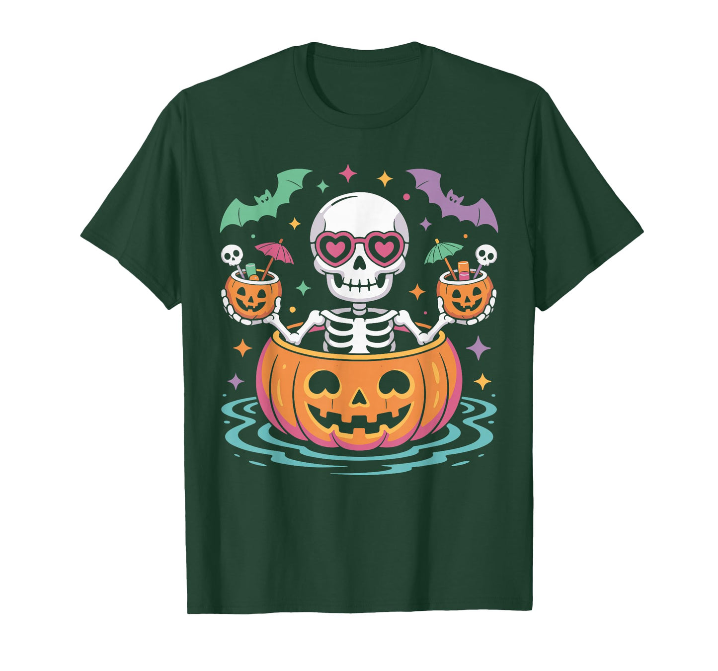 Spooky Skeleton Floating in Pumpkin Pool Float Halloween T-Shirt