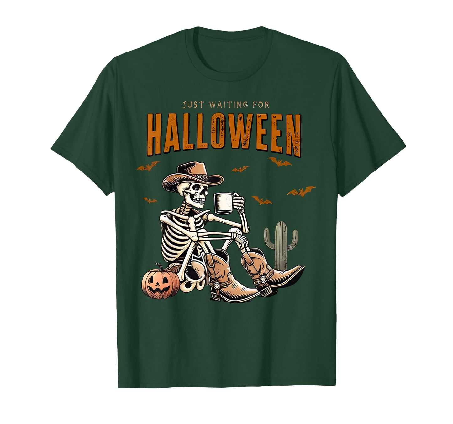 Just Waiting for Halloween Funny Skeleton Cowboy Pumpkin T-Shirt