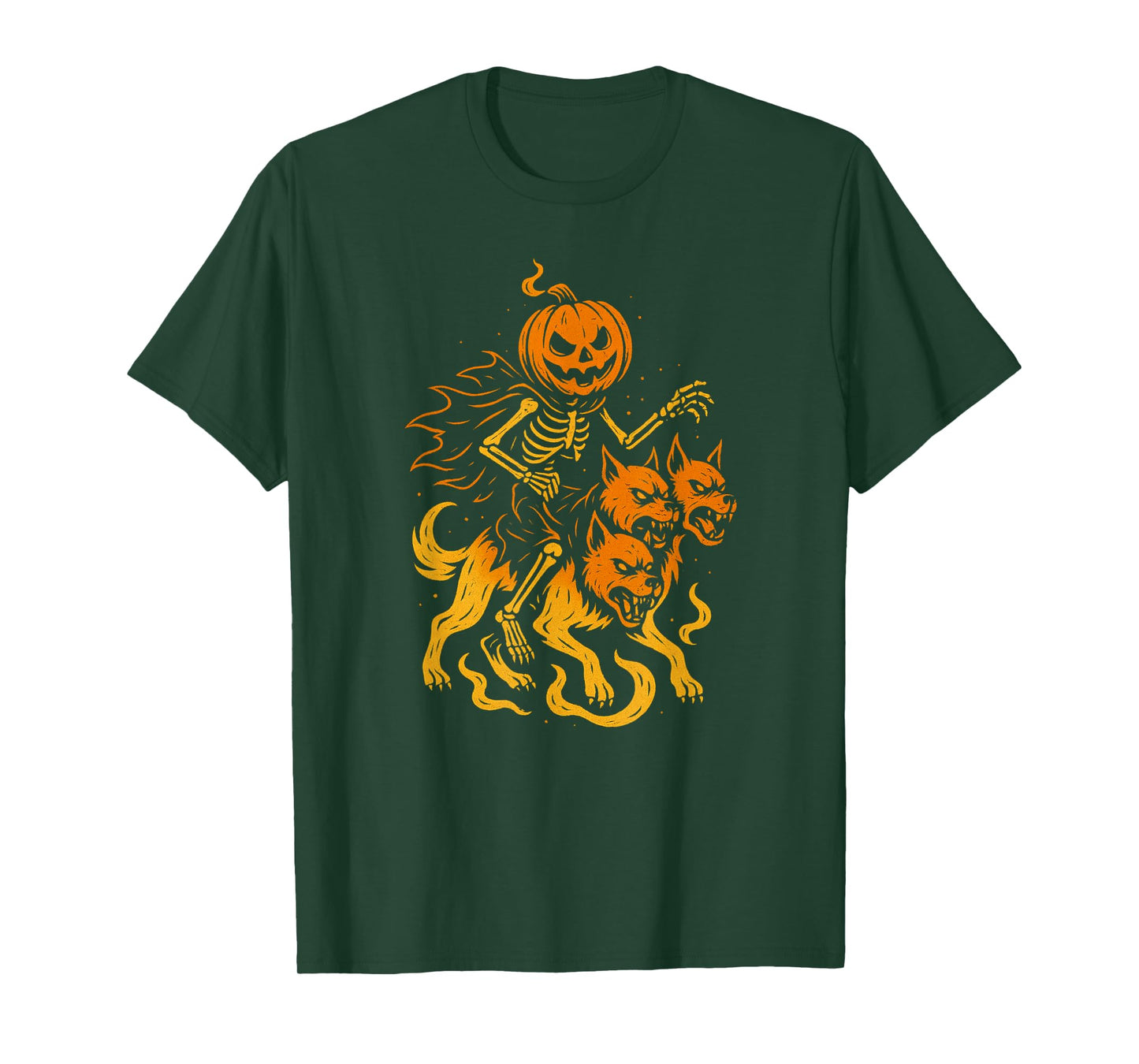 Jack O’Lantern Skeleton Riding Ghostly Cerberus T-Shirt