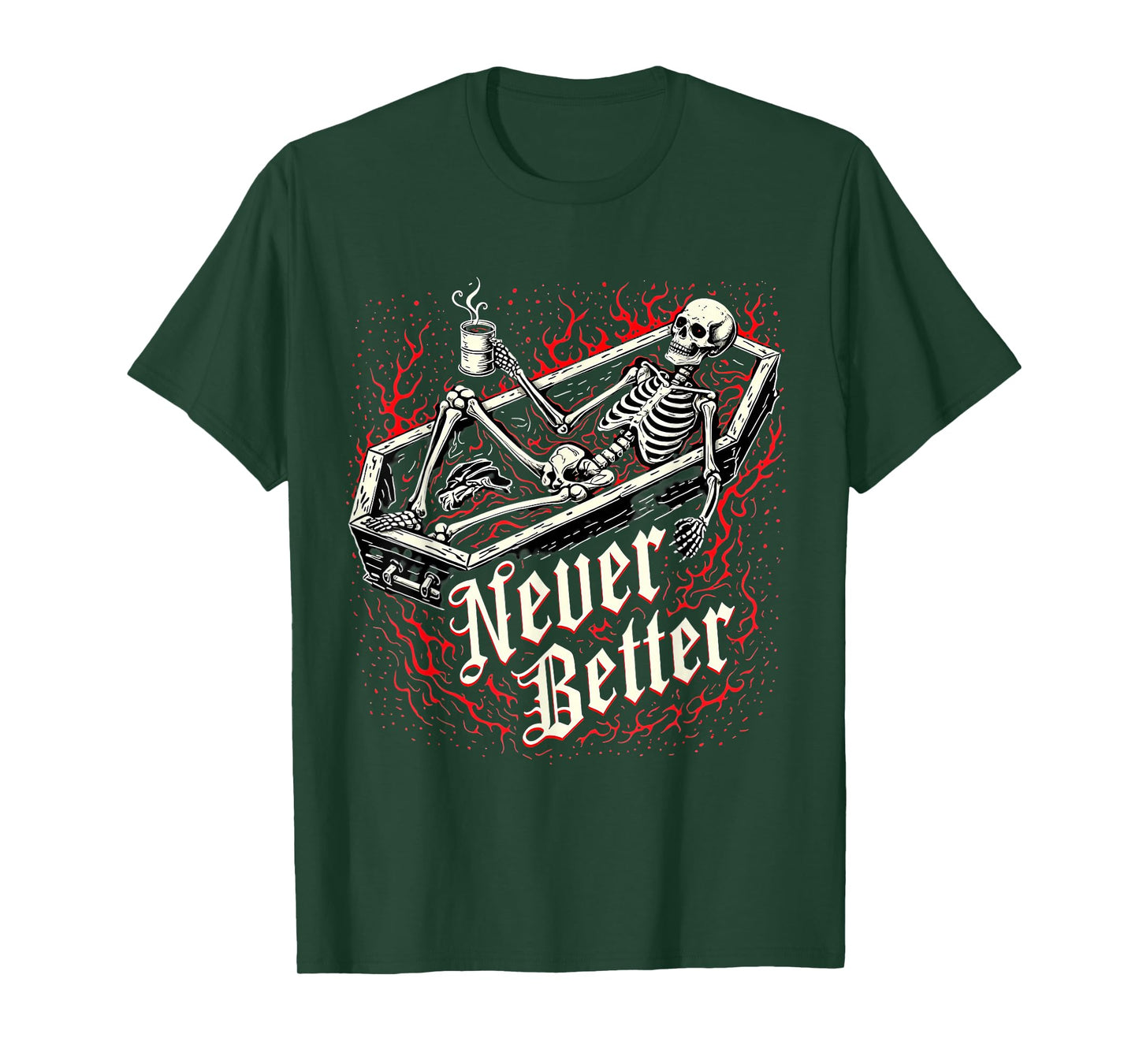 Funny Skeleton Coffee Halloween Apparel– Never Better Coffin T-Shirt