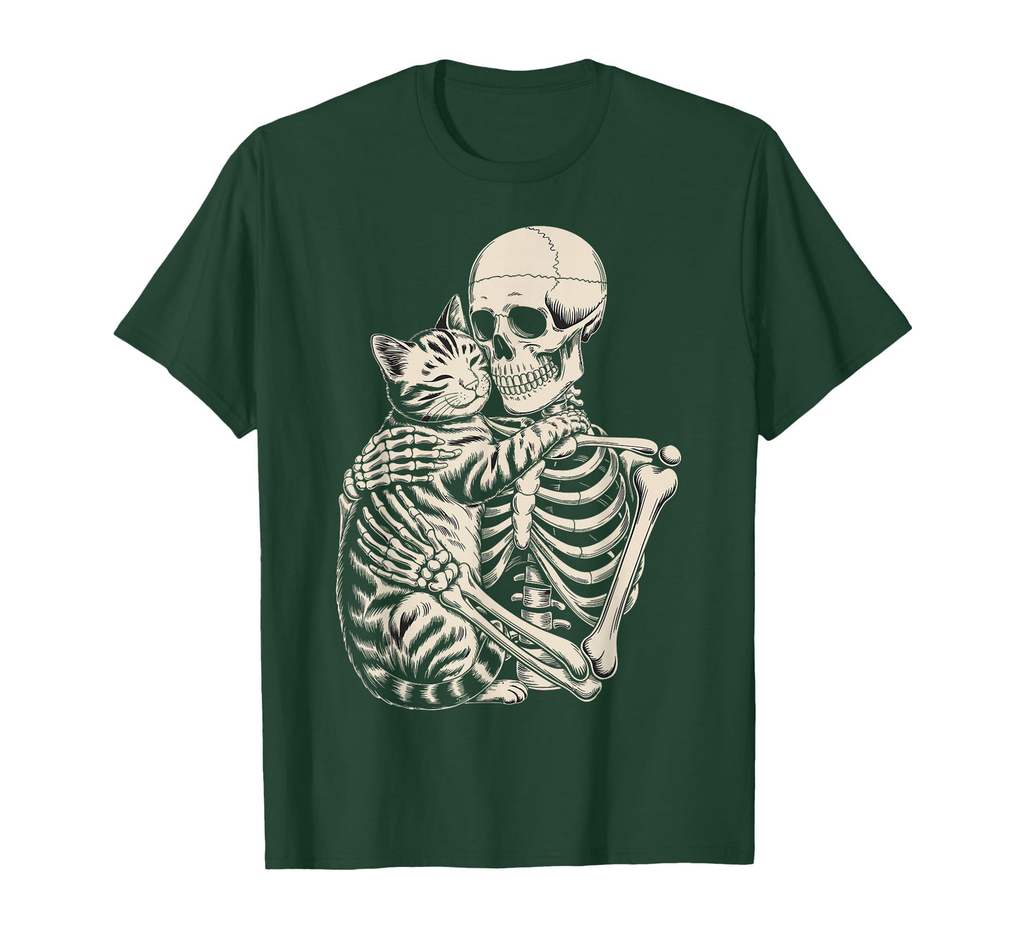 Skeleton Hugging Cat Funny Halloween Cat Lover T-Shirt