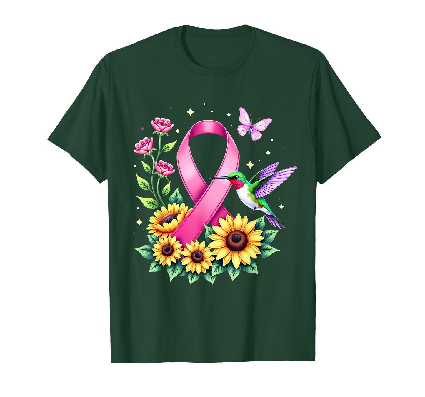 Hummingbird Sunflower Pink Ribbon Breast Cancer Awareness T-Shirt
