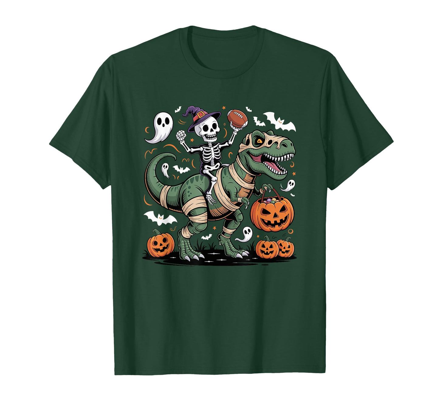 Football Skeleton Riding Mummy Dinosaur T-Rex Halloween Boys T-Shirt