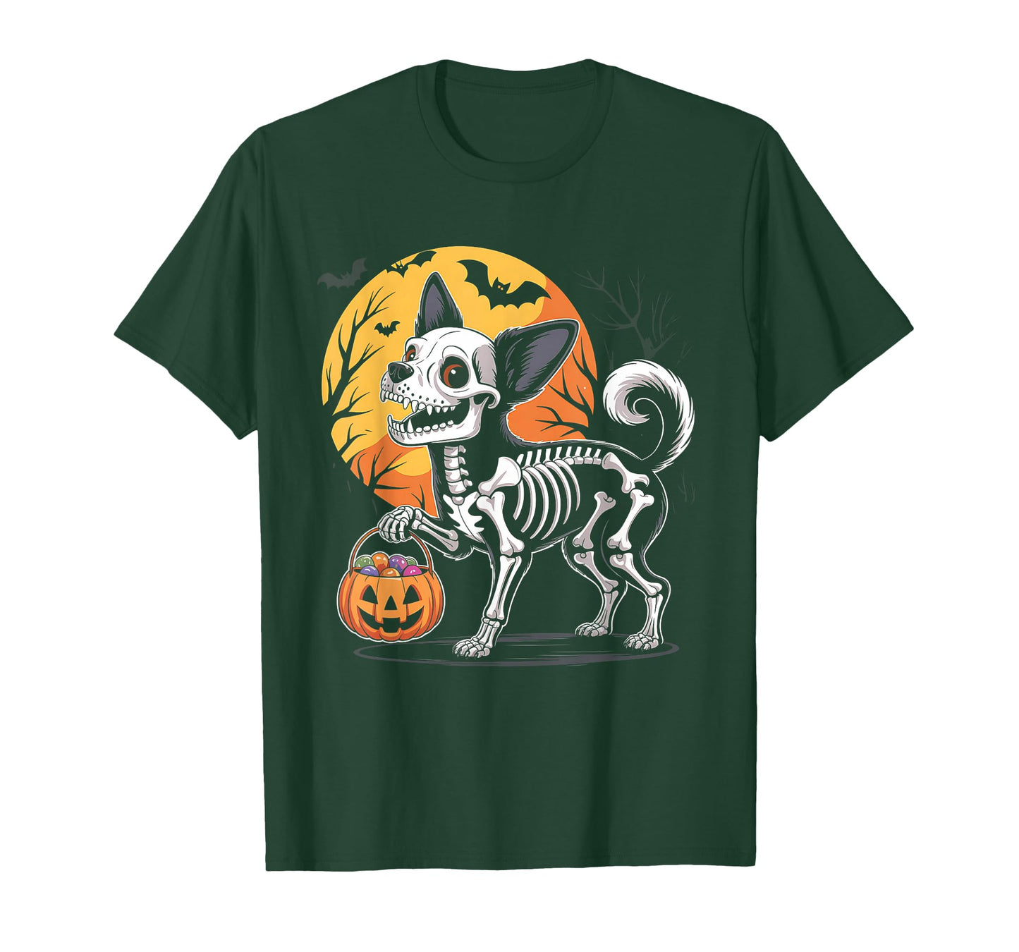 Funny Chihuahua Dog Skeleton Scary Pumpkin Moon Halloween T-Shirt