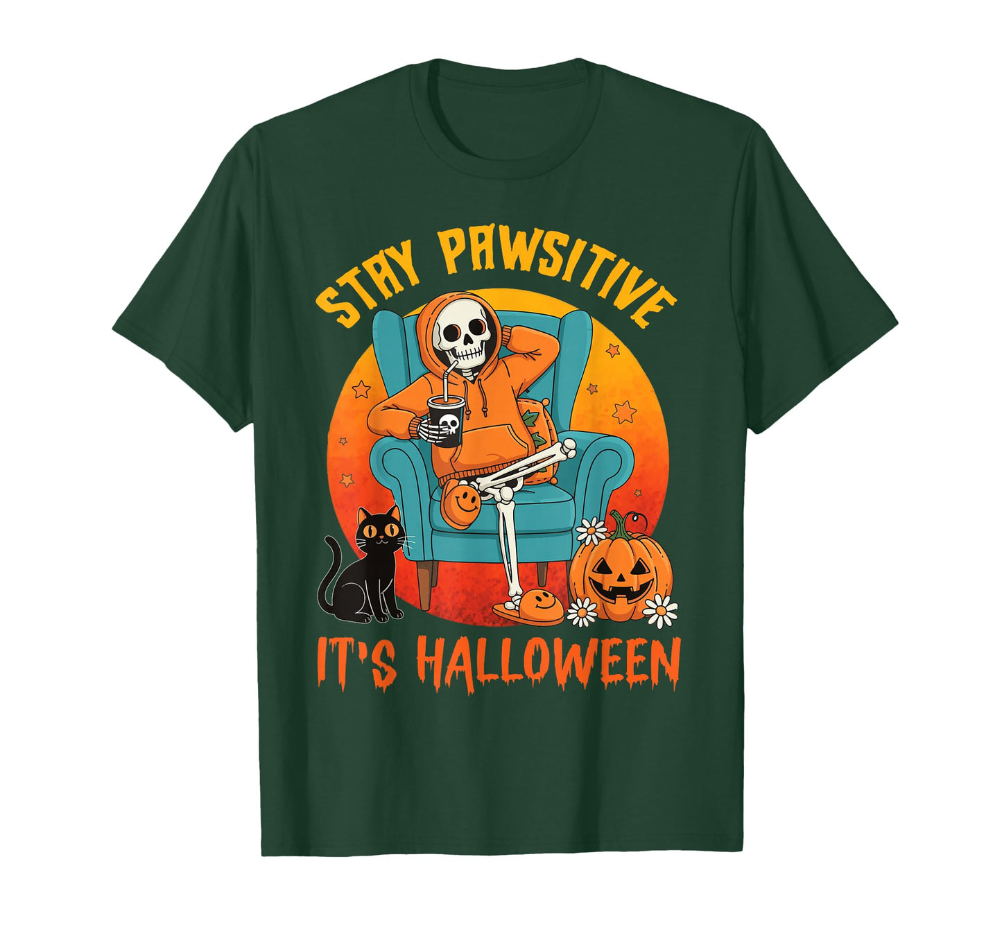 Stay Pawsitive, it’s Halloween Black Cat Paw Spooky Skeleton T-Shirt