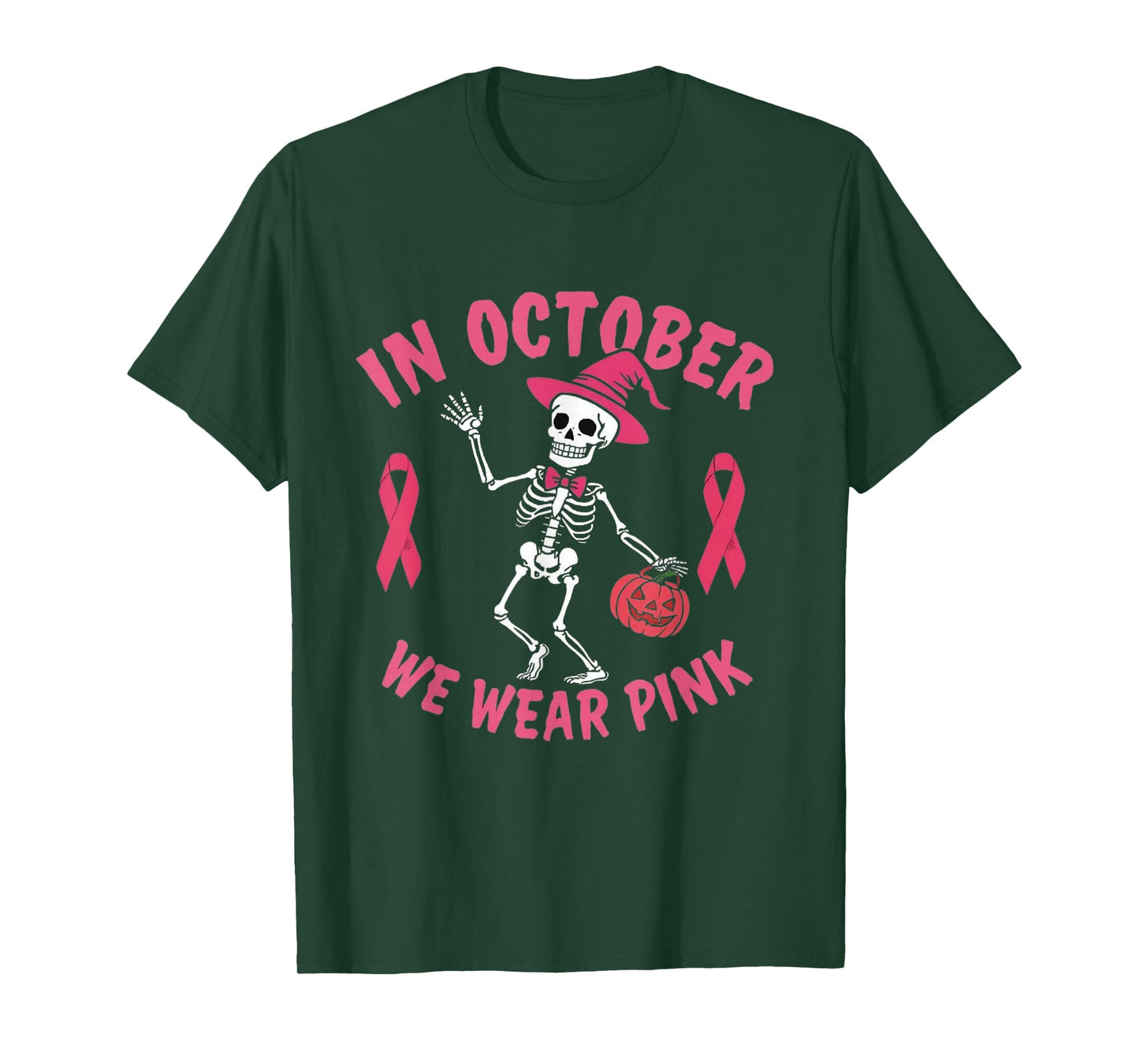 in October We Wear Pink Breast Cancer Skeleton Halloween T-Shirt