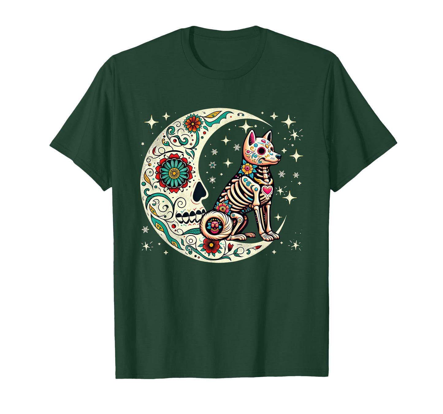 Dia De Los Muertos Halloween Moon Floral Skeleton Shiba Inu T-Shirt