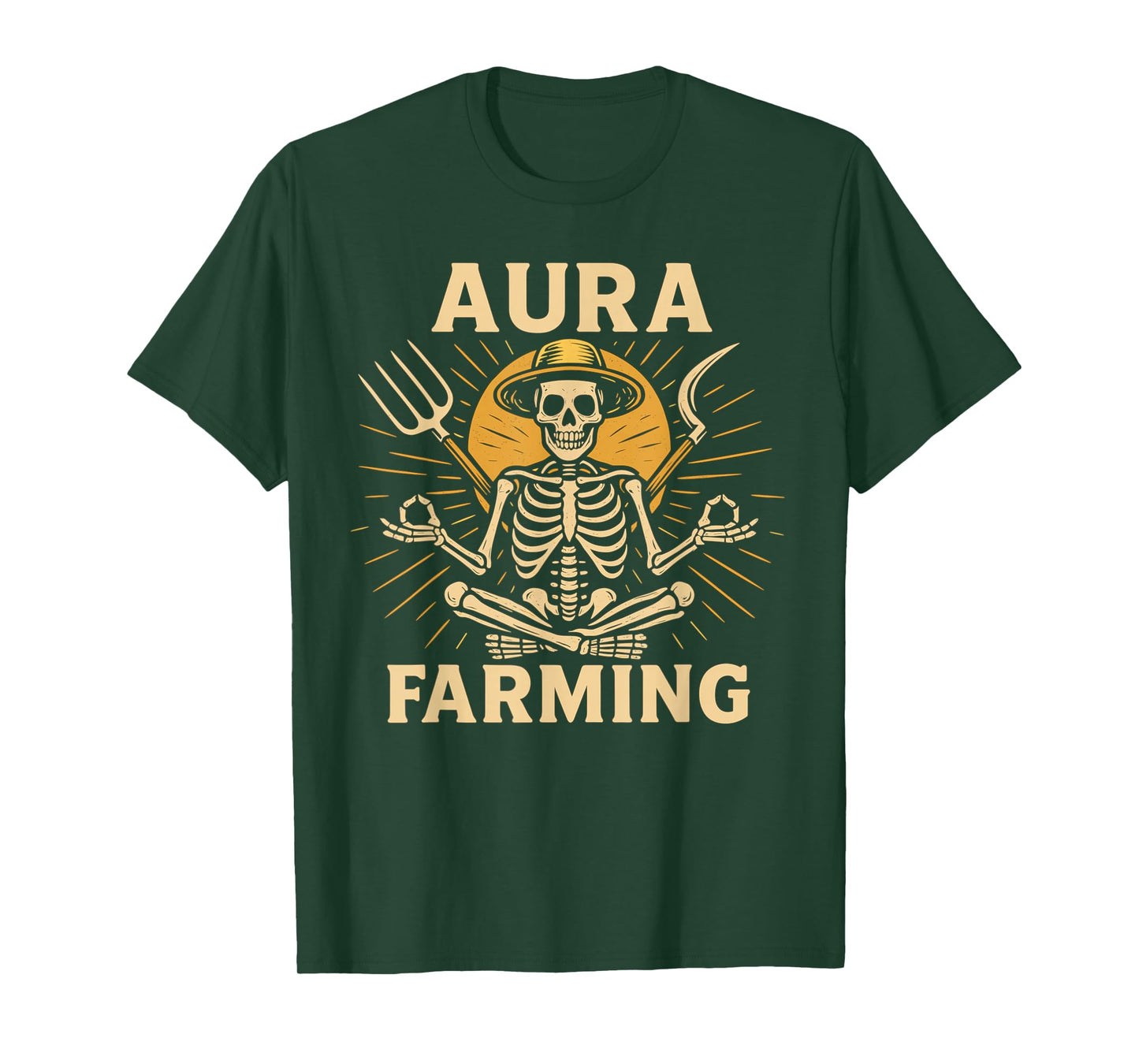 Aura Farming Skeleton – Zen Farmer Meditating with Pitchfork T-Shirt