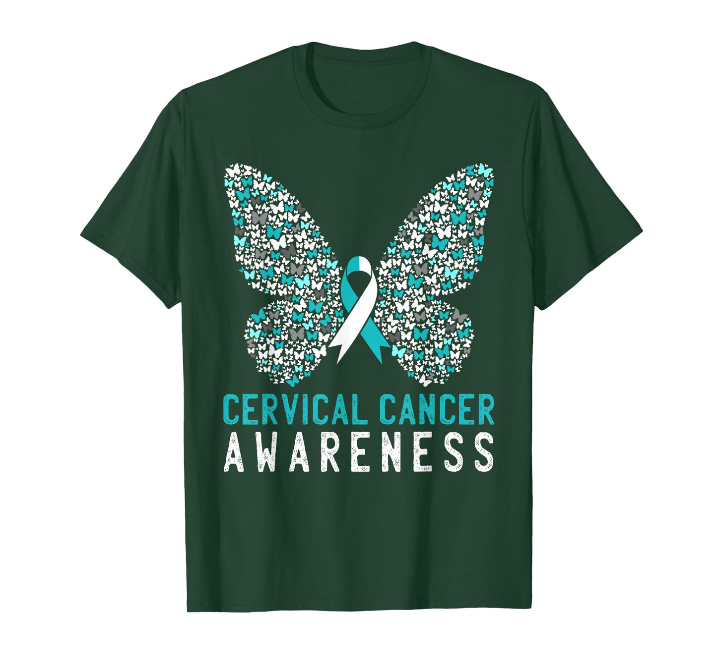 Butterfly Cervical Cancer Awareness Month White Teal Ribbon T-Shirt