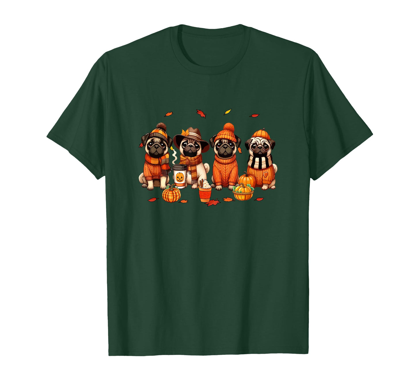 Group Pugs Thanksgiving Pilgrim Fall Leaves Pumpkins T-Shirt