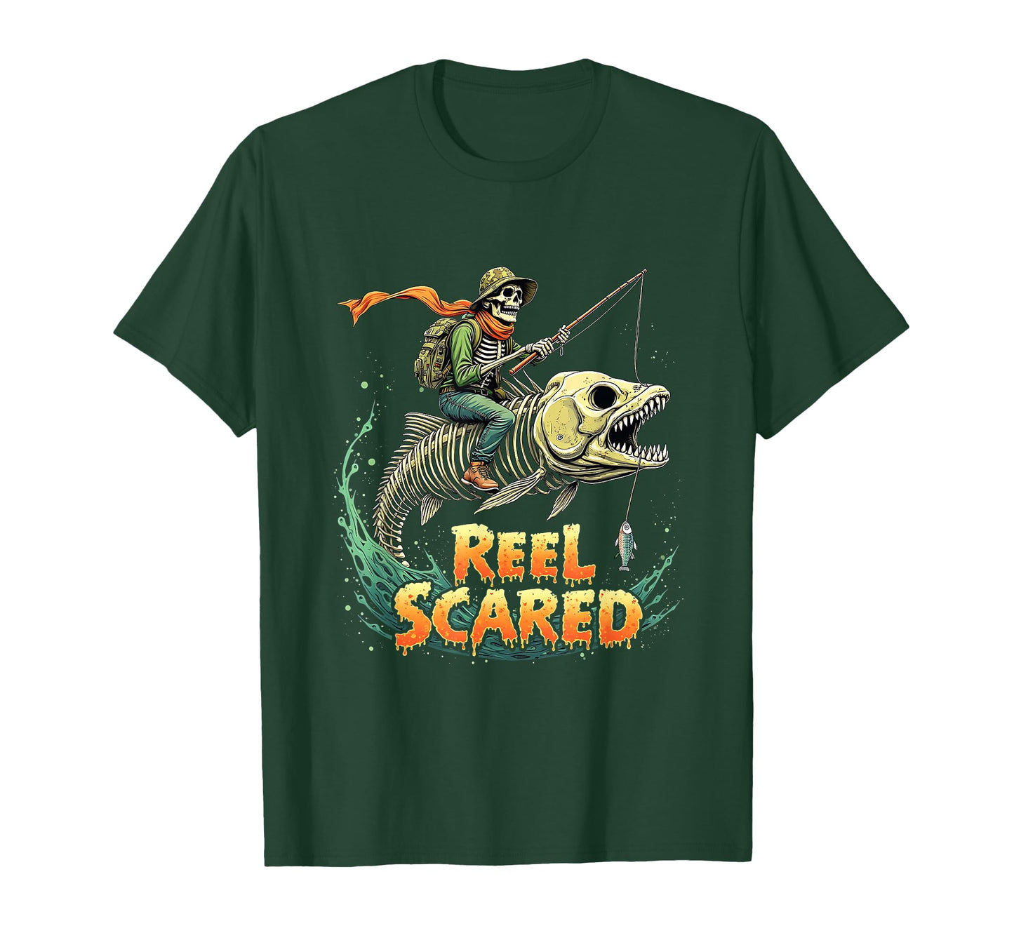 Halloween Fishing Fisherman Skeleton Funny Retro Reel Scared T-Shirt