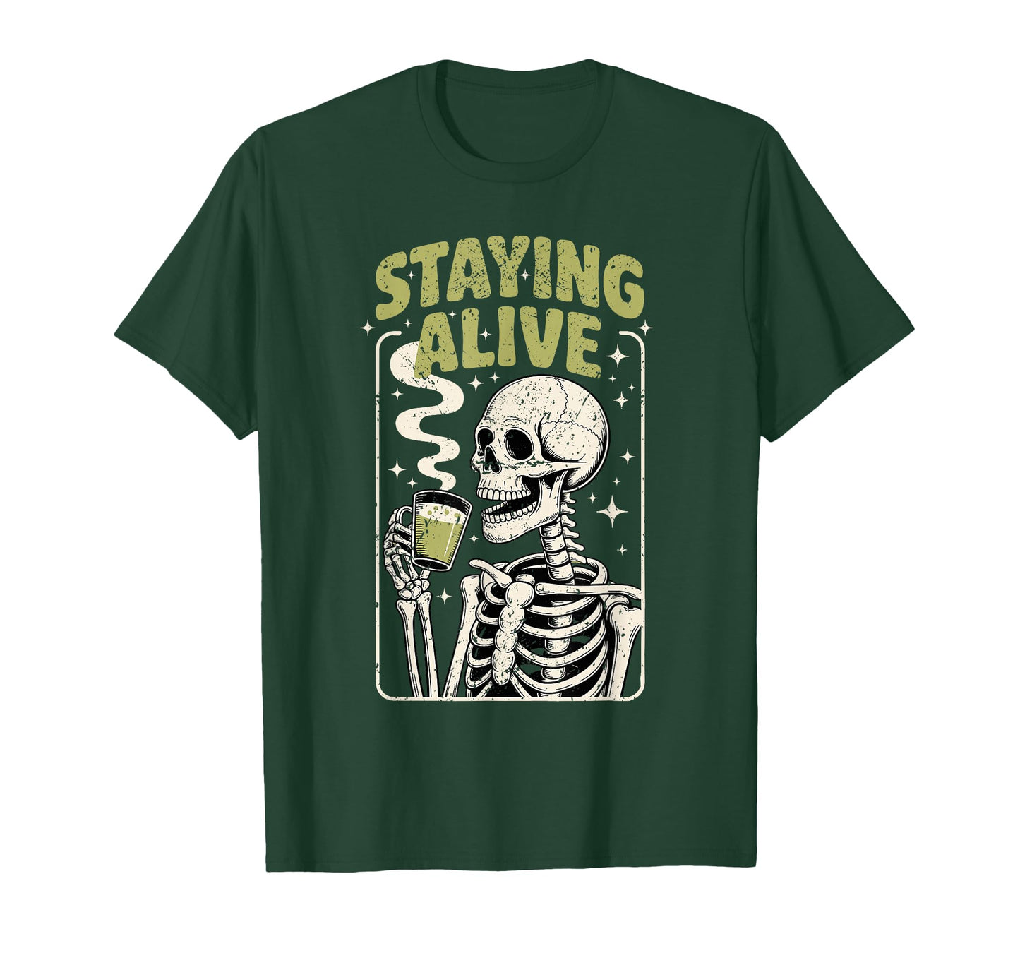 Staying Alive Skeleton Drinking hot Matcha Gothic Halloween T-Shirt