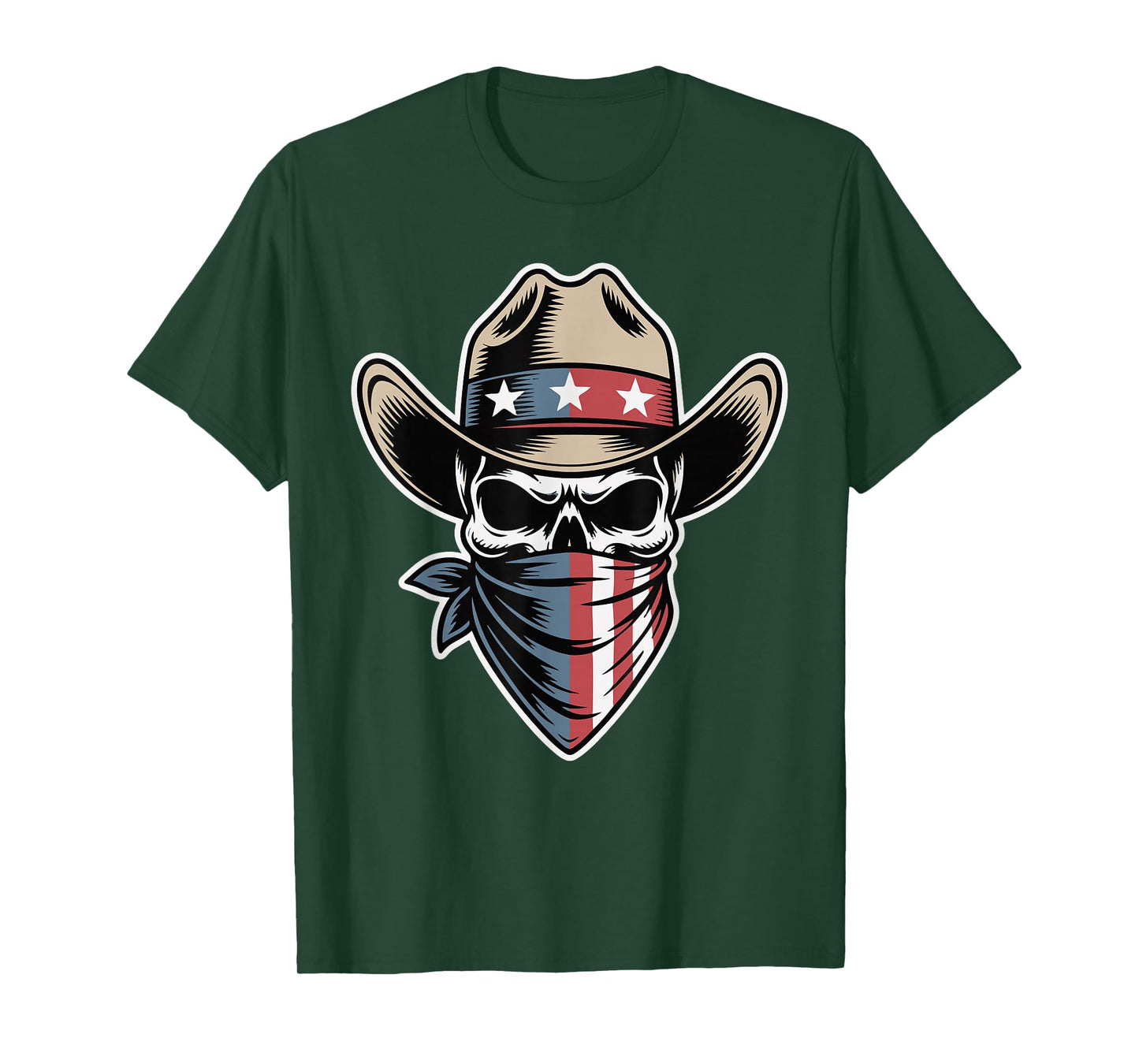 Western Cowboy Skeleton Skull Us American Flag Outlaw Rodeo T-Shirt