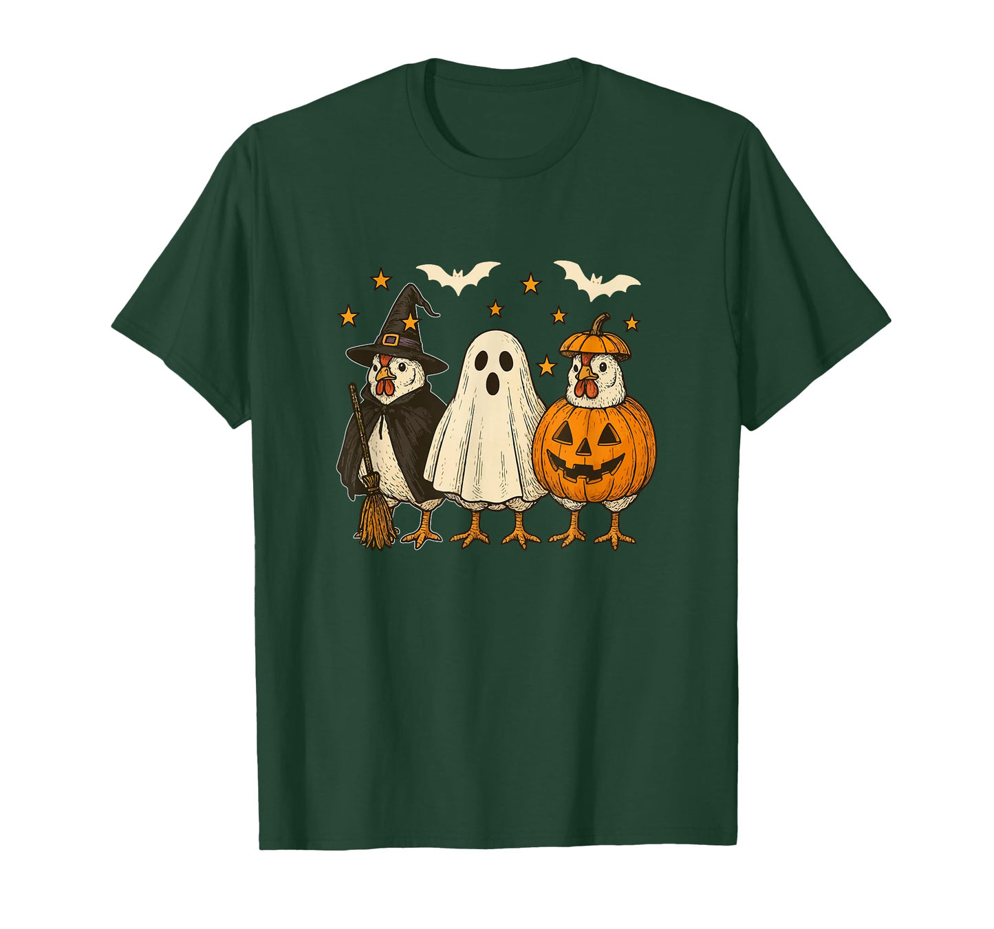 Three Halloween Chickens Cosplay Witch Boo Carved Pumpkin T-Shirt