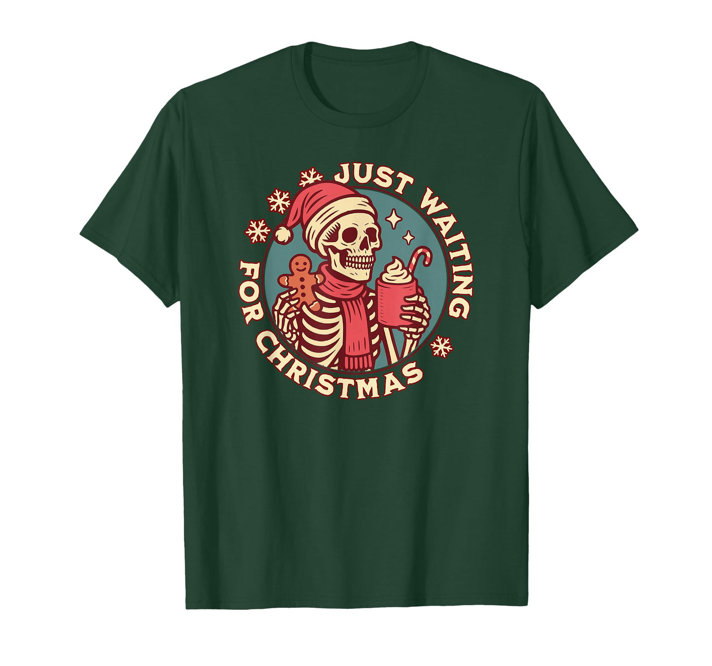 Just Waiting for Christmas Skeleton Drinking Hot Cocoa T-Shirt