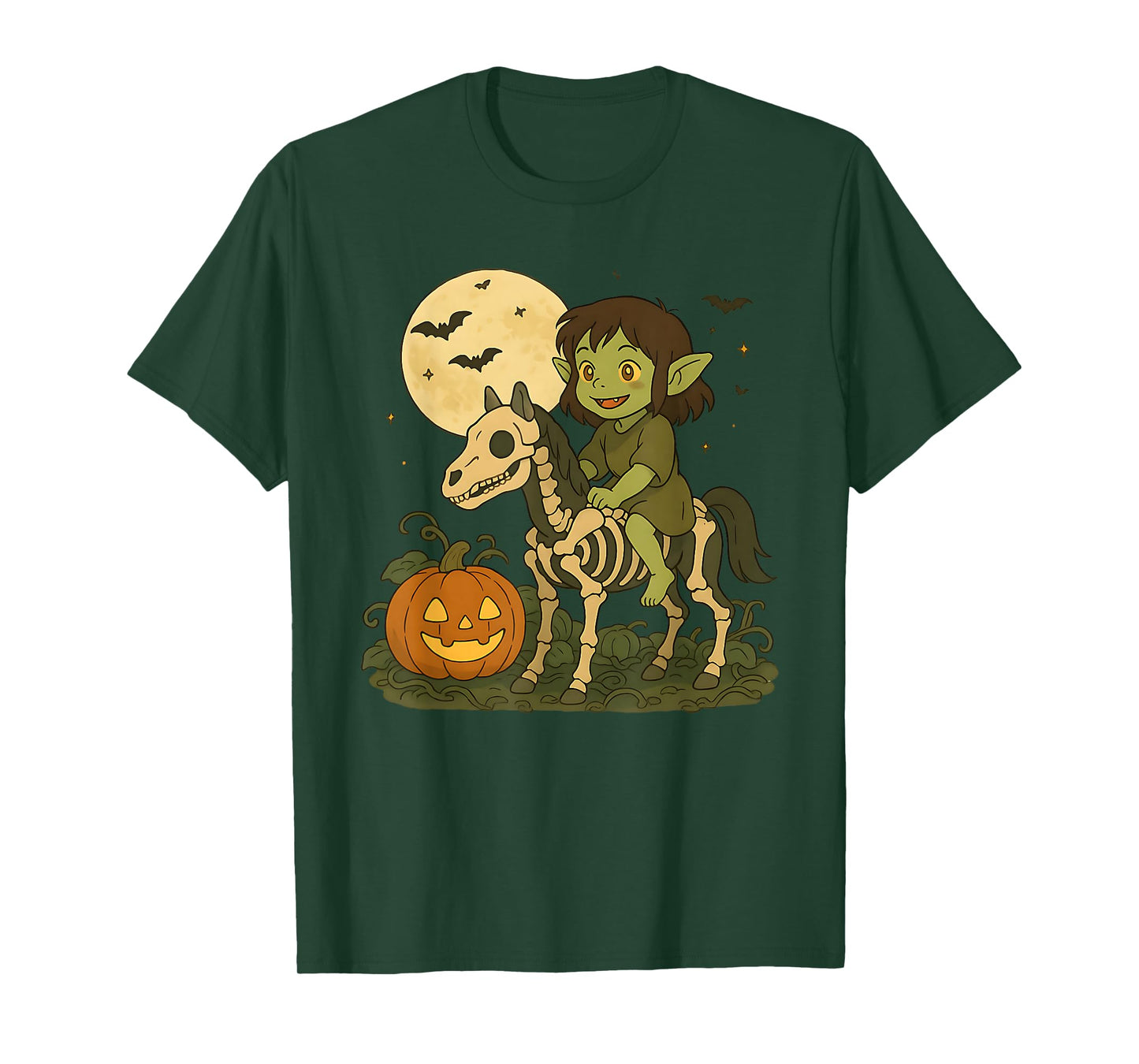Halloween Dark Elf Goblin Troll Boy Riding Horse Skeleton T-Shirt