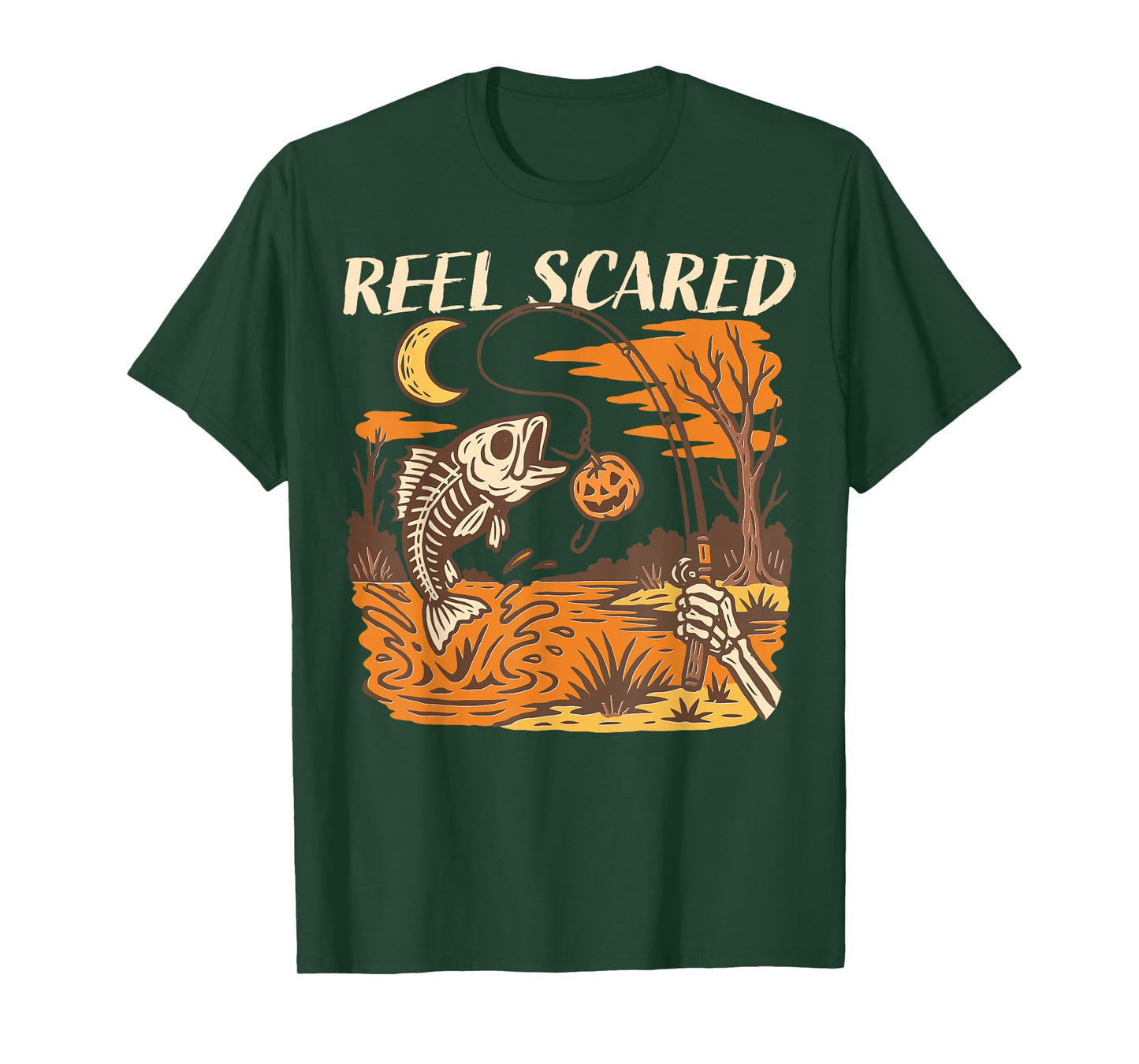 Reel Scared Halloween Fall Fishing Funny Skeleton Fisherman T-Shirt