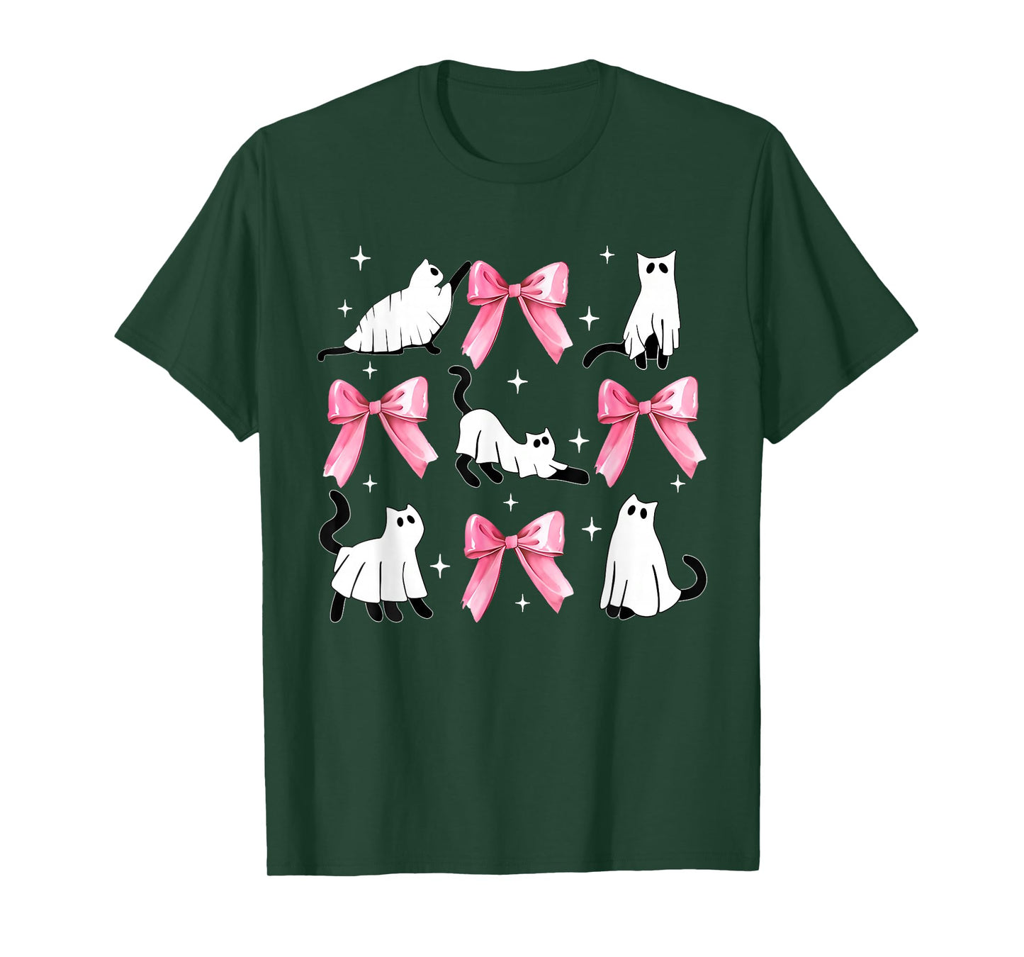 Halloween Ghost Cat Boo Costume Cute Pink Bow Coquette Kitty T-Shirt
