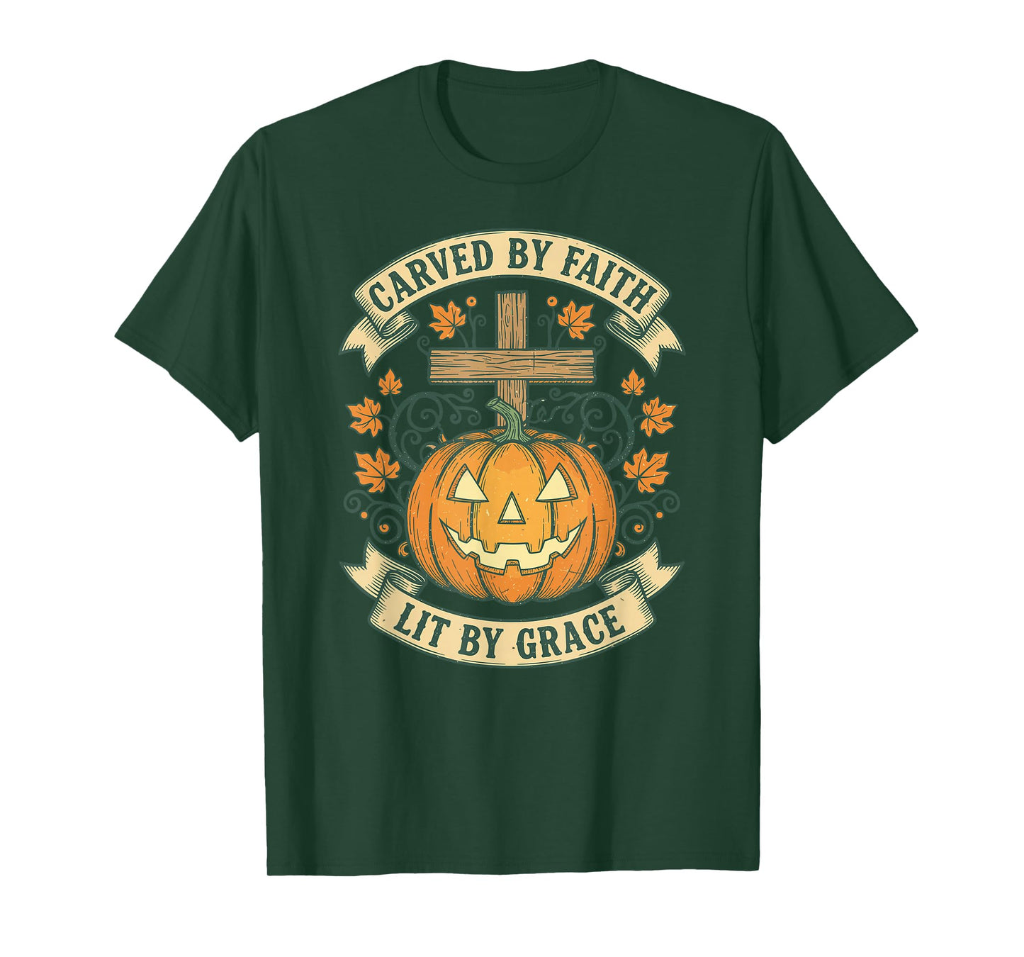 Carved by Faith Lit by Grace Vintage Pumpkin Cross Autumn T-Shirt