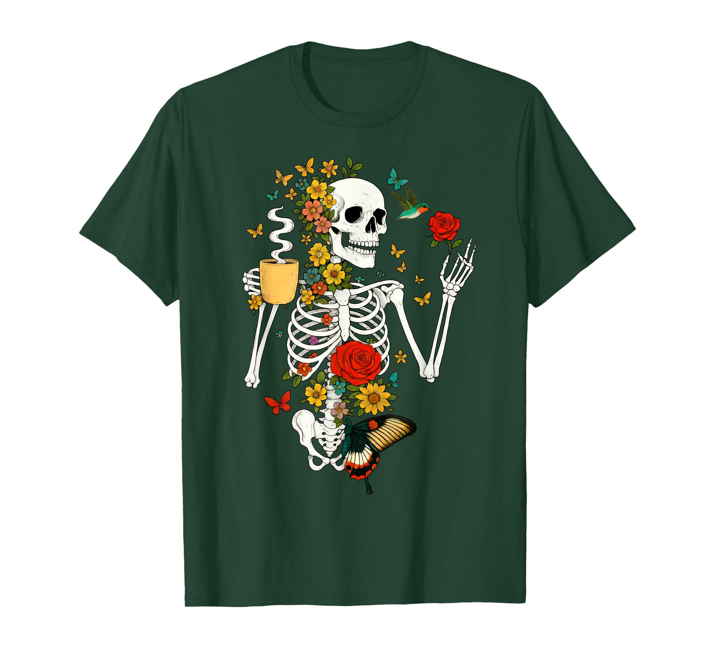 Cool Skeleton Plant Drinking Coffee for Women Halloween T-Shirt